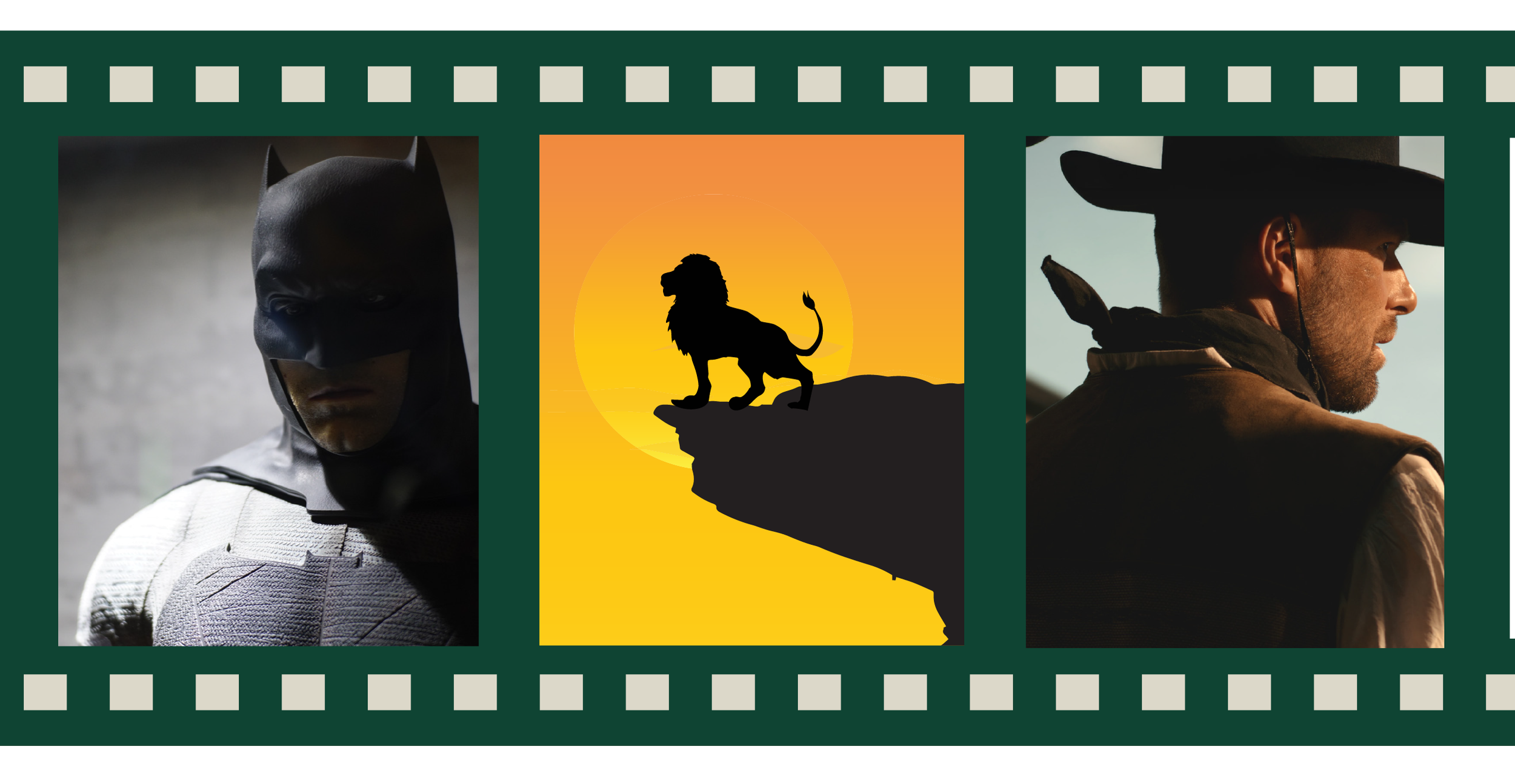 A film strip with three images: Batman in a dark costume, a silhouetted lion on a cliff with a sunset background, and a man with a cowboy hat in profile.