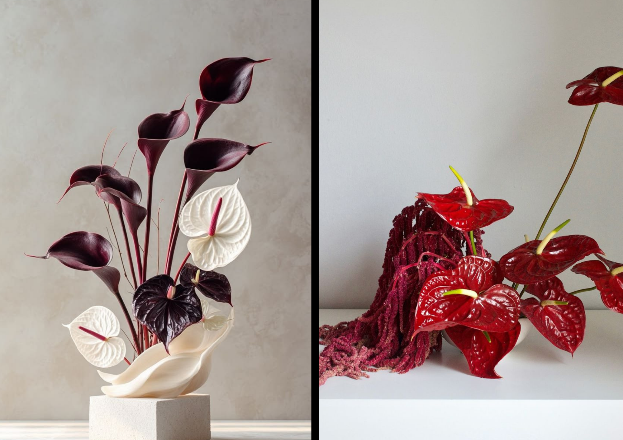 A side-by-side comparison of two floral arrangements: the left features dark burgundy and white anthurium flowers with a modern, sculptural beige vase, and the right showcases bright red anthurium flowers with a red textured base, against a plain background.
