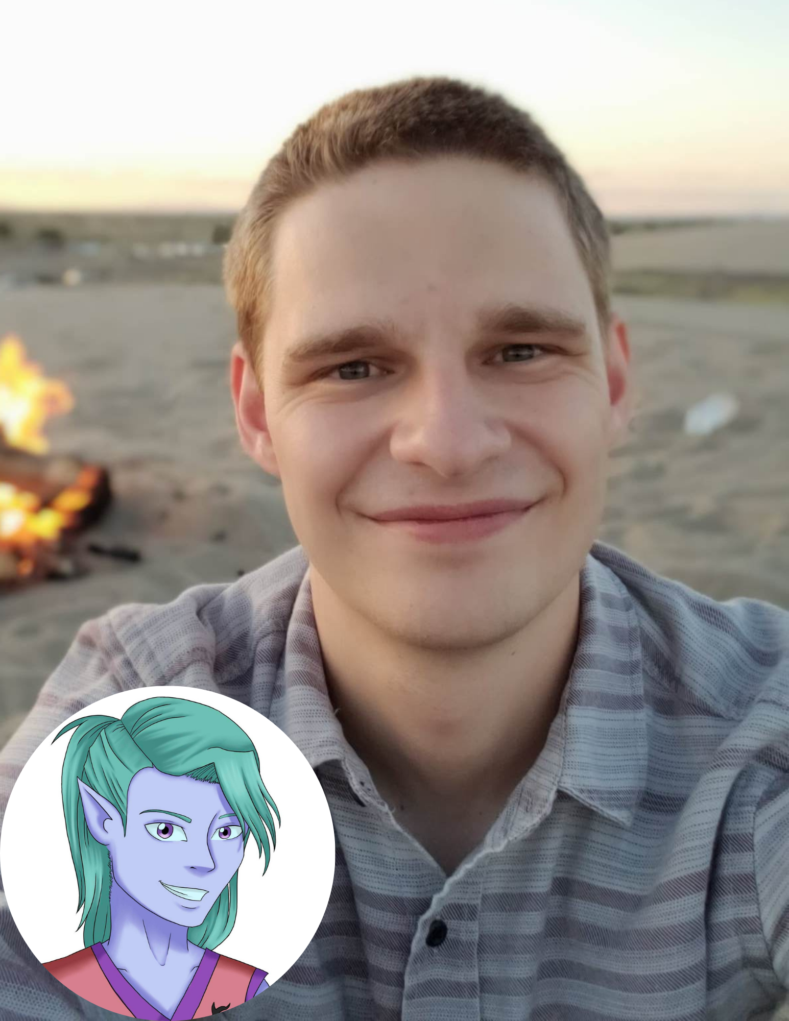 A young man with short light brown hair and fair skin smiling on a beach at sunset, with a small bonfire in the background and a cartoon character with blue skin, green hair, and pointed ears in the lower left corner.
