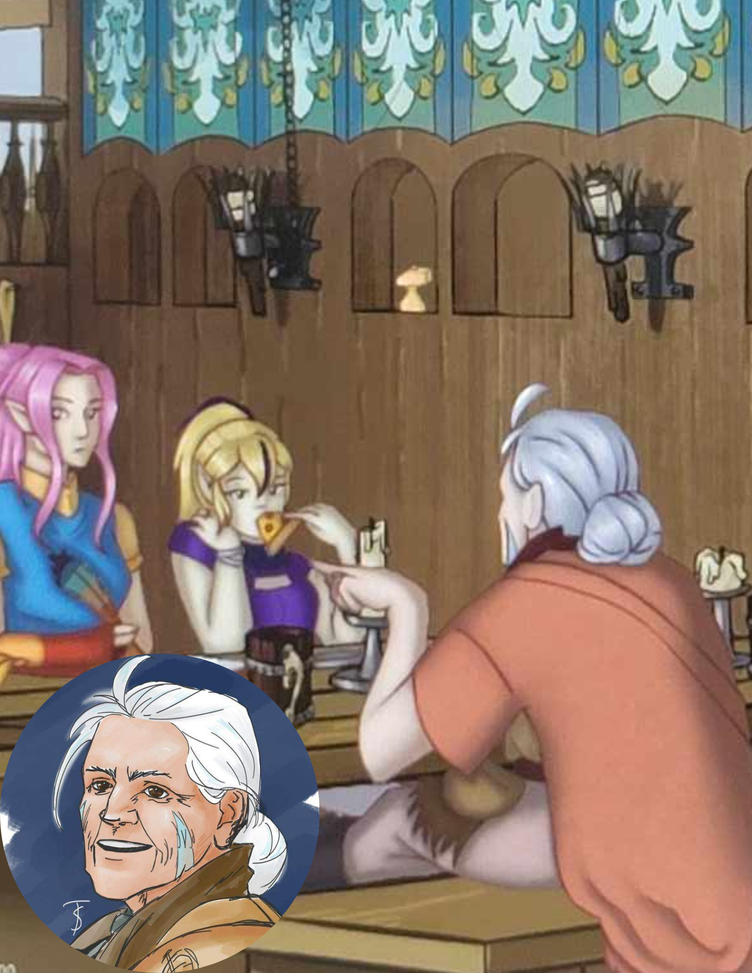 Animation scene inside a tavern with three female characters sitting at a wooden table. An elderly woman with gray hair pulled back wearing an orange shirt, is offering a piece of food to a blonde girl in a purple dress. The background shows a wooden wall with lanterns and decorative patterns.