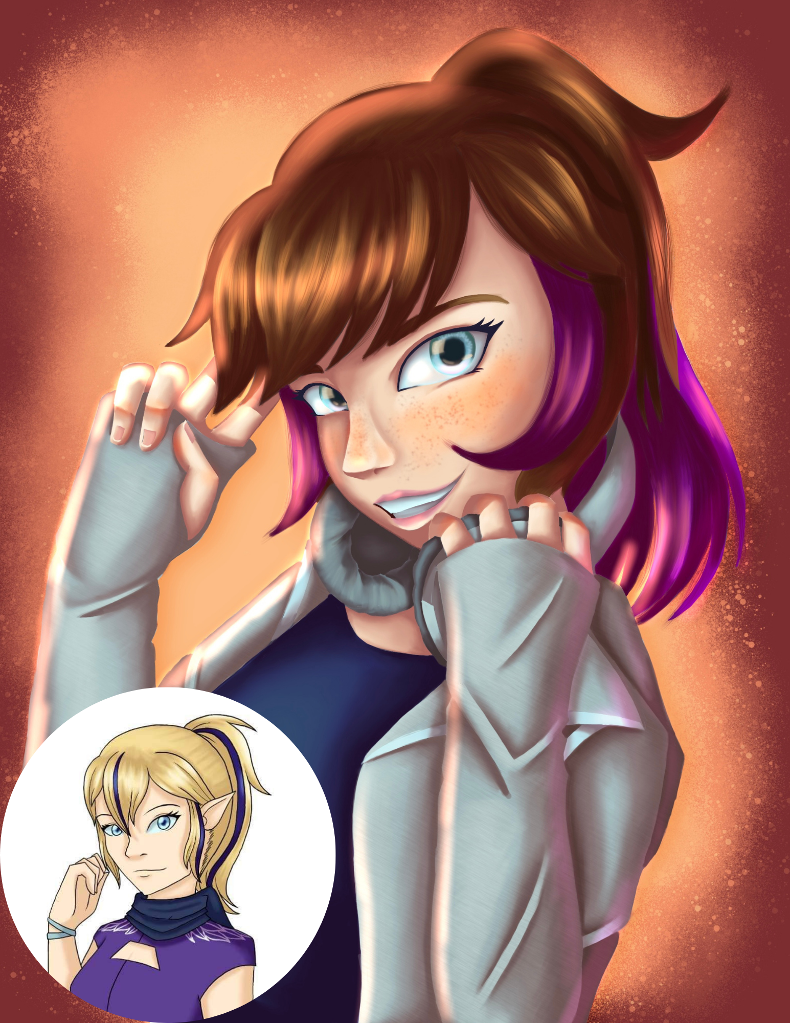 A digital illustration of a young woman with light skin, brown hair with purple streaks, blue eyes, and freckles. She is smiling and making a peace sign with her left hand. She is wearing a gray hoodie over a black shirt. In a white circular inset, there is a drawing of an elf girl with blond hair, blue eyes, and pointed ears, wearing a purple top and a black scarf.