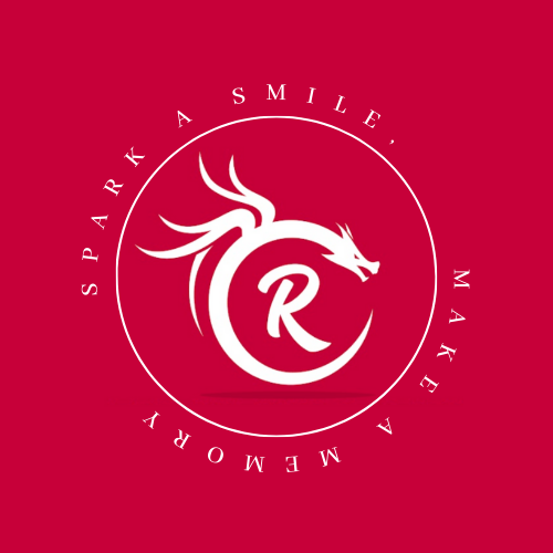 Logo featuring a stylized dragon and the letter R inside a circle, with the text 'Spark a Smile Make a Memory' around the circle, on a red background.