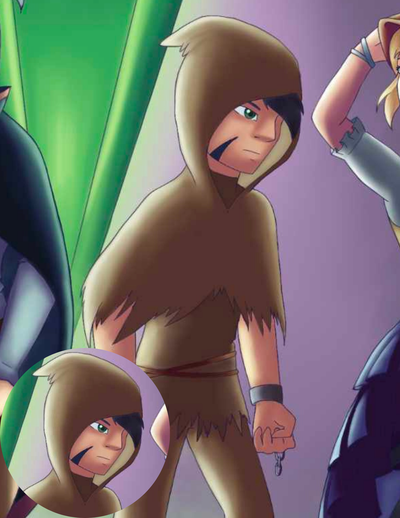 Animated character with long brown hair, wearing a hooded brown outfit, standing with a serious expression, surrounded by other characters in a cartoon style.