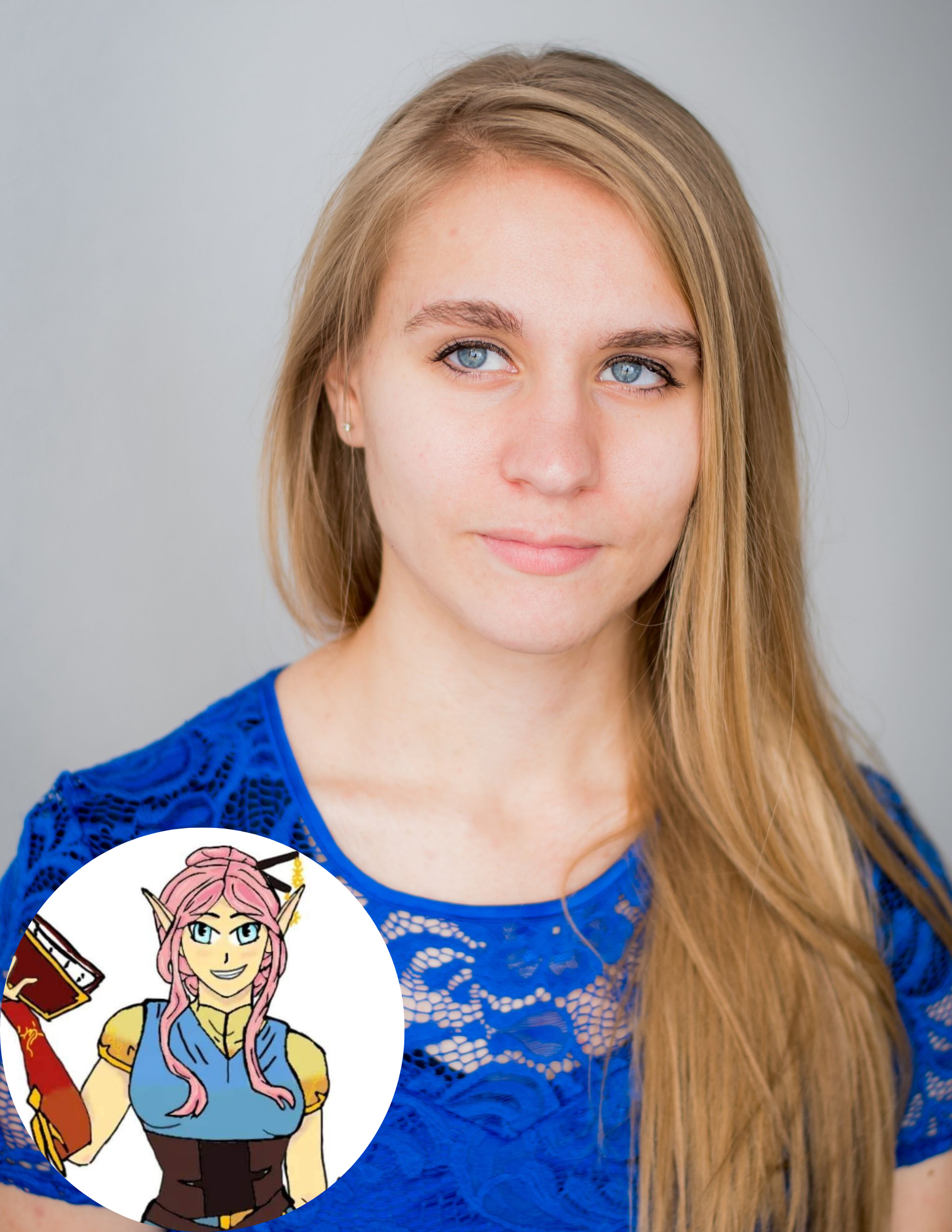 Portrait of a young woman with long, straight blonde hair, blue eyes, and a subtle smile, wearing a royal blue lace top. There's a small, illustrated character of a female elf with pink hair and a blue shirt in a circular inset overlay at the bottom left corner.