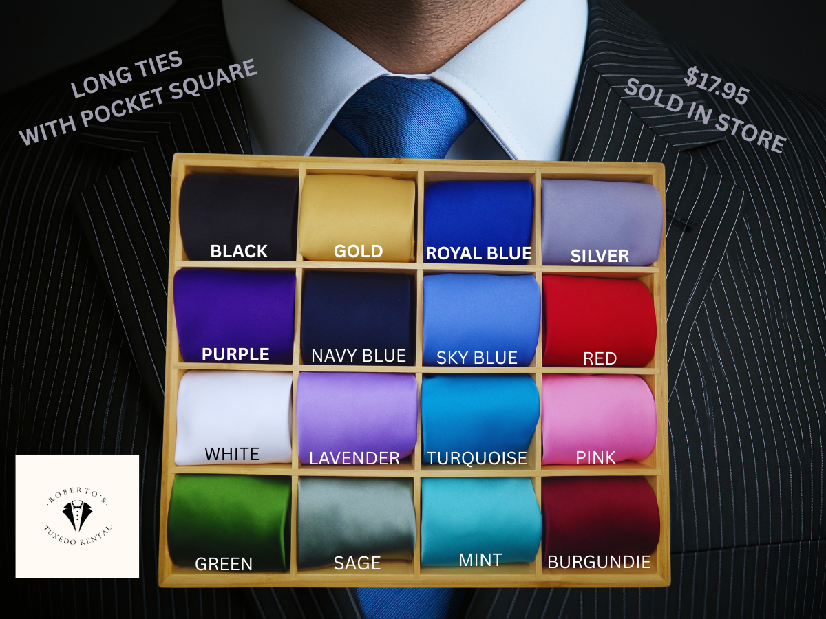 A man in a pinstripe suit and blue tie holding a tray of colorful ties labeled with colors. The tray contains 16 ties in black, gold, royal blue, silver, purple, navy blue, sky blue, red, white, lavender, turquoise, pink, green, sage, mint, and burgu