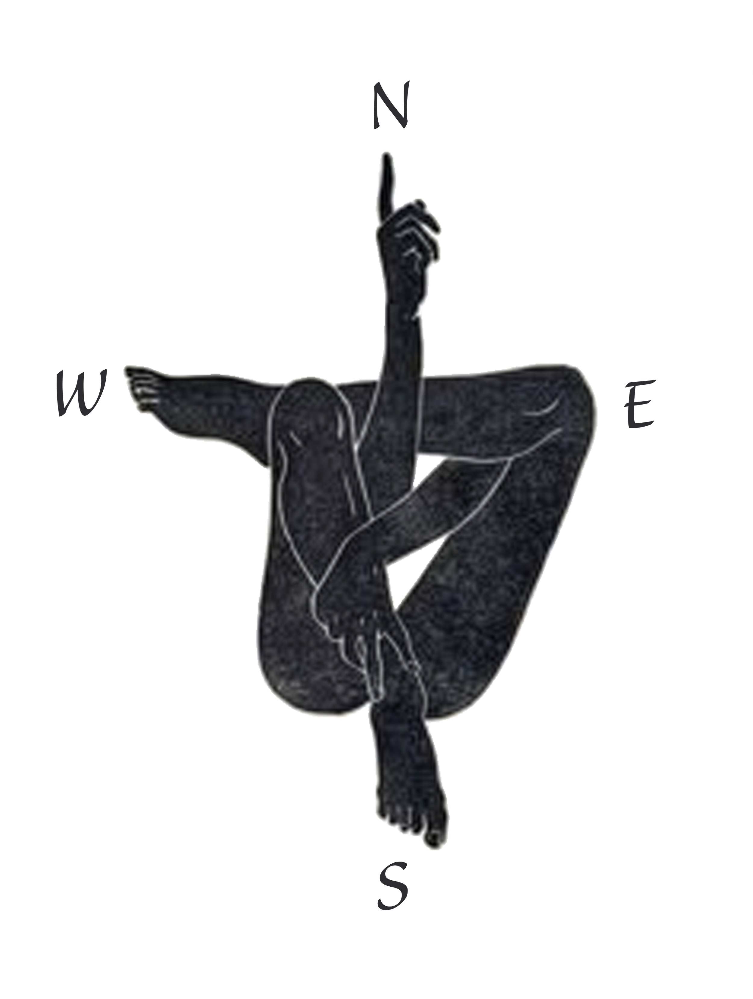 A black and white drawing of a human figure in a yoga pose, with one leg extended and the other bent, standing on one arm, with the other arm raised and pointing upward. The figure is centered on a background with directional labels for North, South, East, and West.