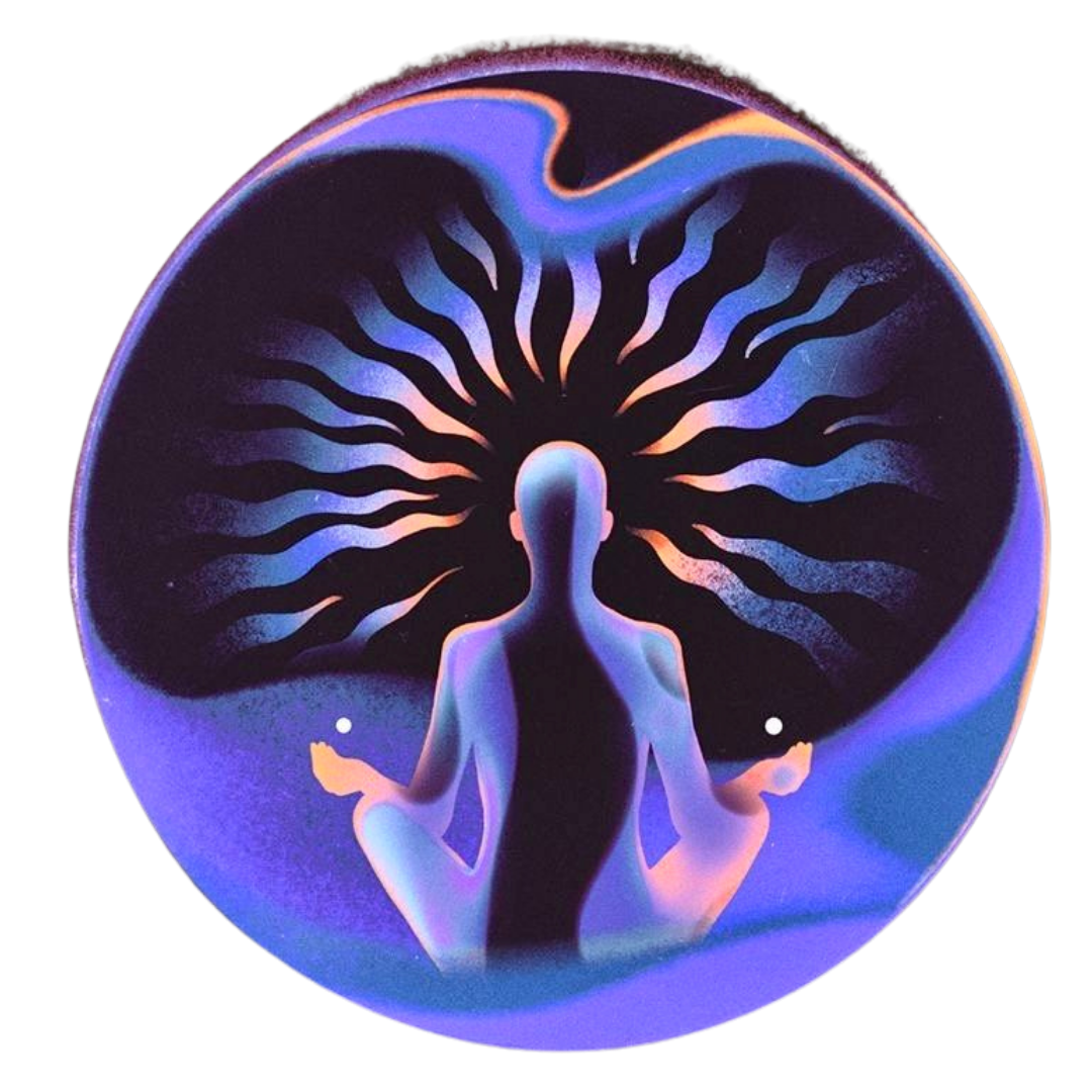Futuristic digital art of a human figure in a meditative pose with a glowing crown of black tendrils emanating from the head, set against a circular, space-like background with vivid neon colors.