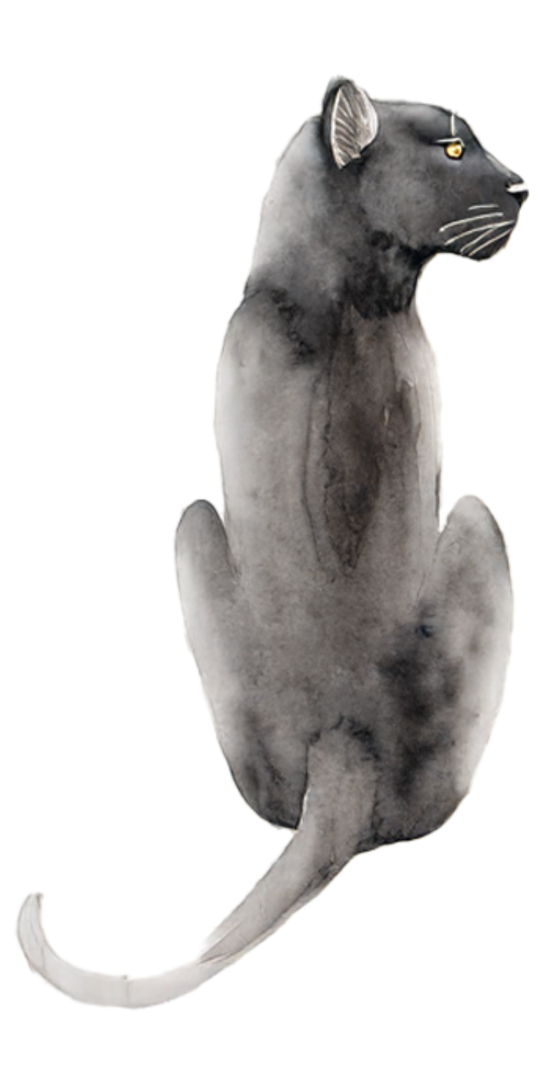 Gray cat-shaped creature with feline features, yellow eyes, and a long tail, sitting upright.