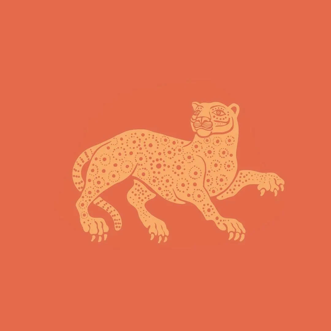 Stylized illustration of a crouching big cat, like a leopard or jaguar, with a pattern of spots on its body, on an orange background.