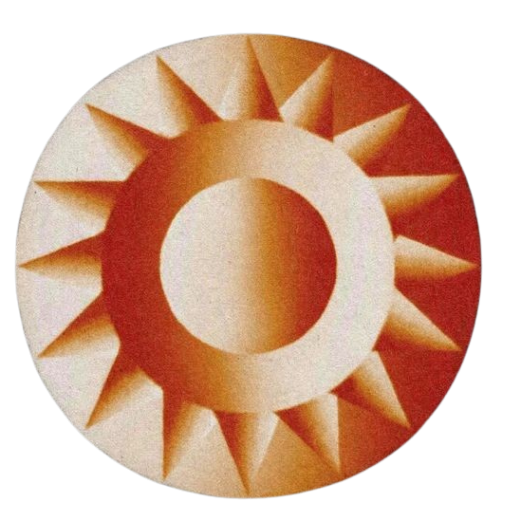 A round object resembling a gear or decorative ornament with a circular hole in the center. It has a pattern of alternating large and small triangular spikes radiating from the center, with a color gradient from beige to reddish-brown.