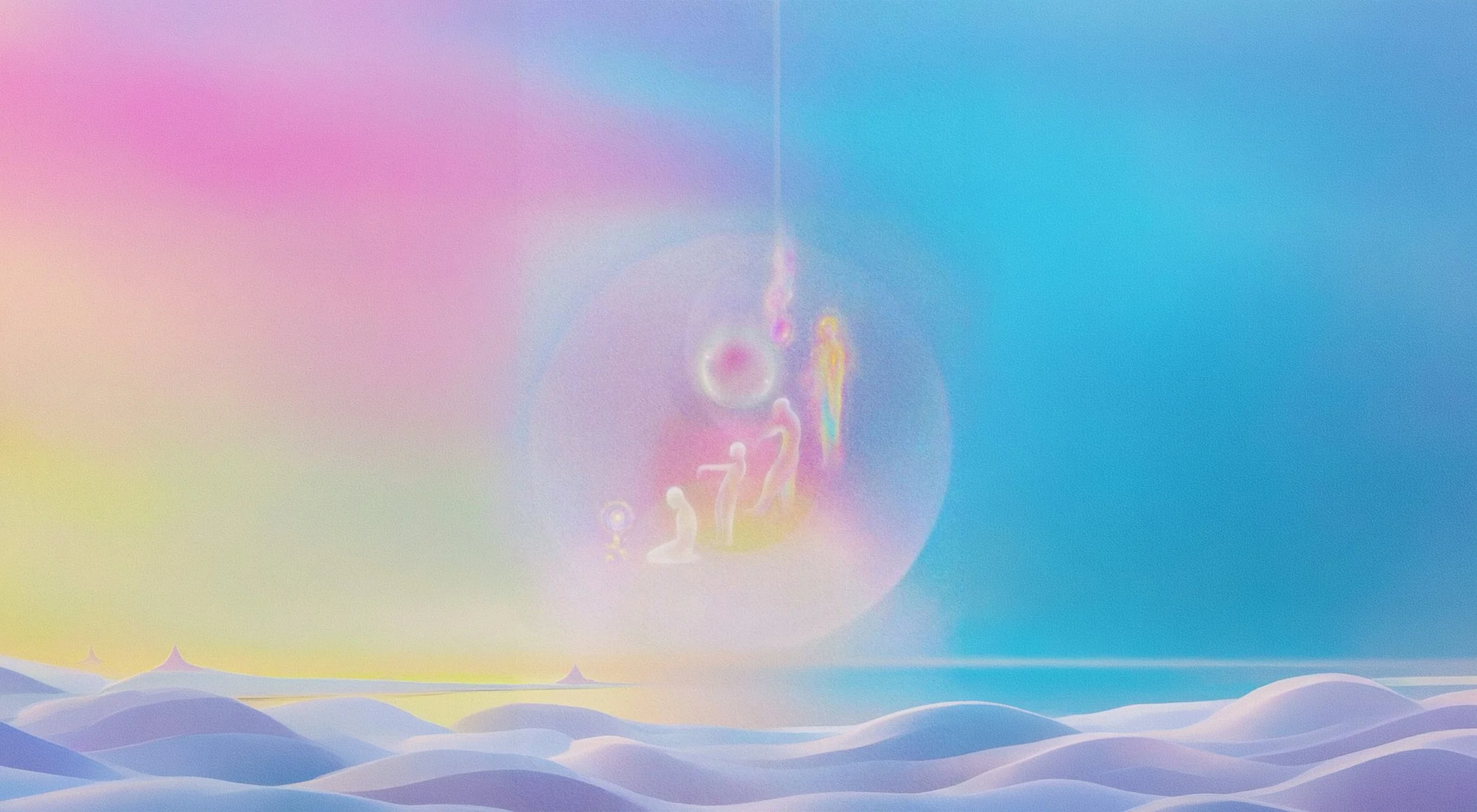 A surreal scene with pastel-colored clouds and a rainbow sky, showing a glowing, translucent bubble with stylized human-like figures inside, floating above gentle waves.