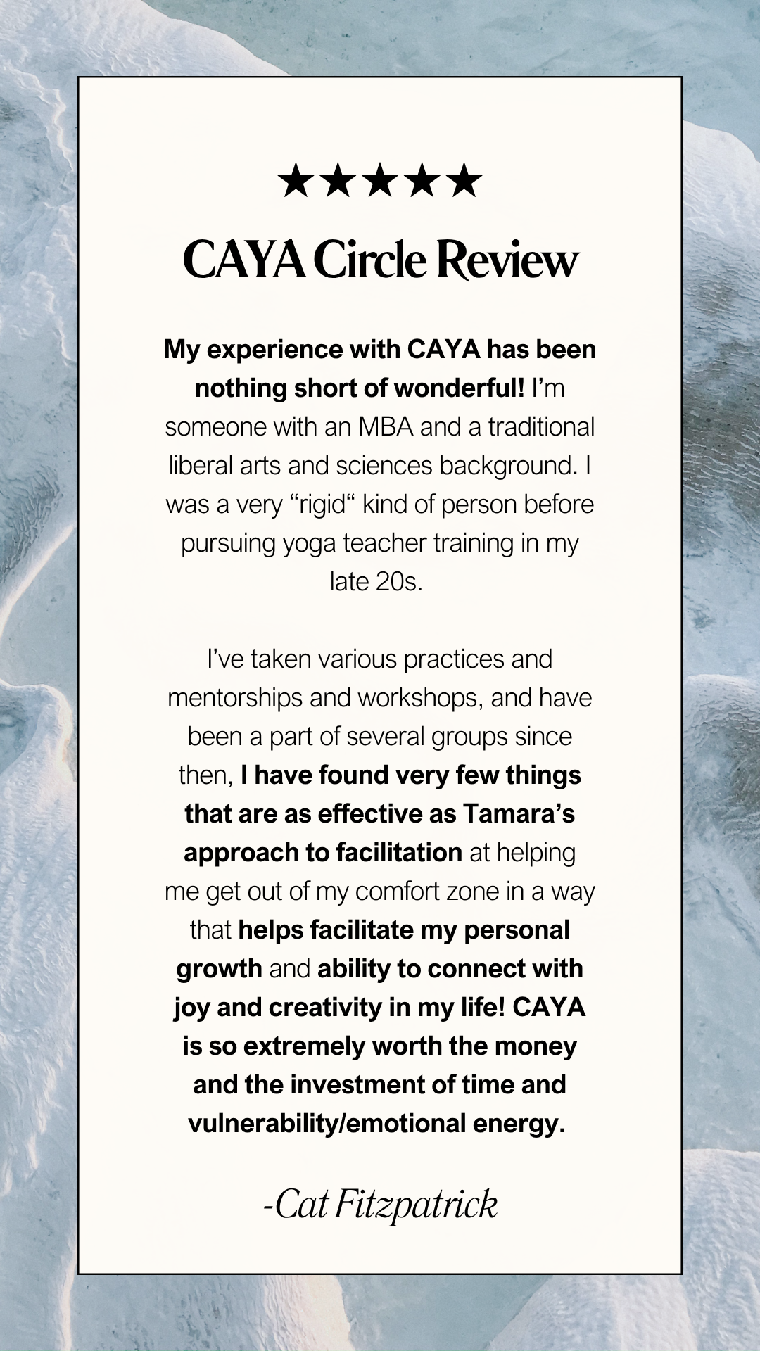 Review for CAYA Circle with five stars at the top, praising Tamaras facilitation style, personal growth, and emotional energy, signed by Cat Fitzpatrick.