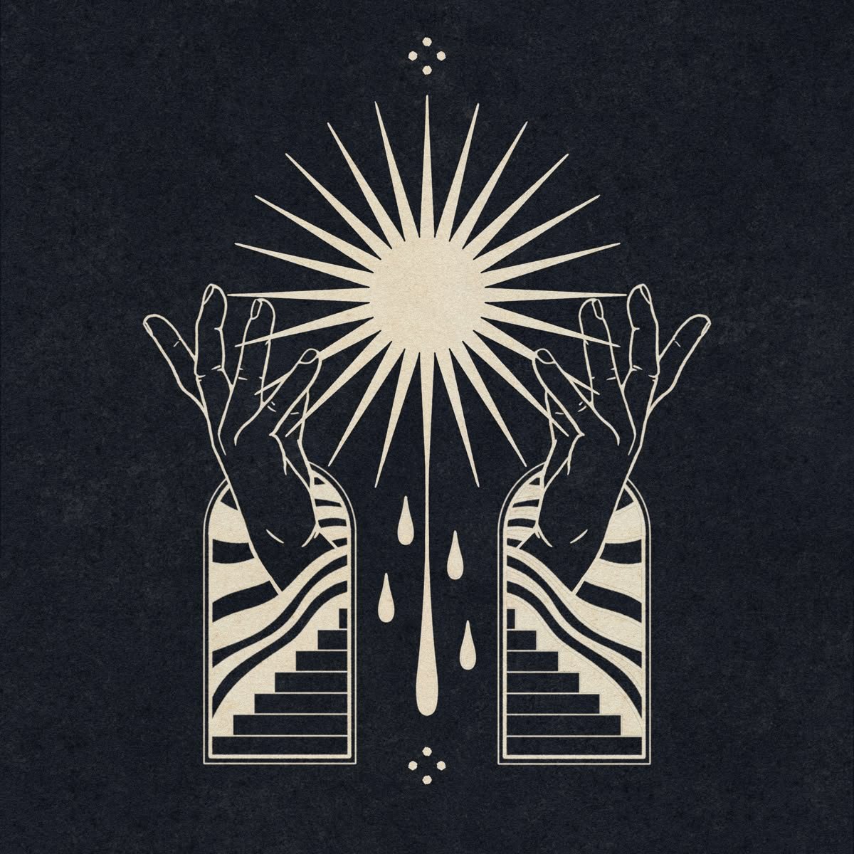 Line art illustration of two hands with rising stairs designs on sleeves, holding a radiant sun with rays, surrounded by droplets and small dots on dark background.
