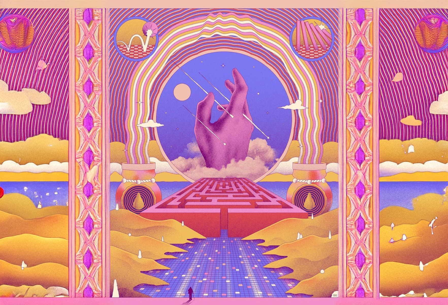 An artistic, surreal scene with a large purple hand reaching towards the sky, surrounded by clouds, a moon, and stars. The setting includes a maze pathway leading to the hand, with a pastel color palette of pinks, purples, and yellows. Architectural columns frame the scene, featuring abstract patterns and symbols.