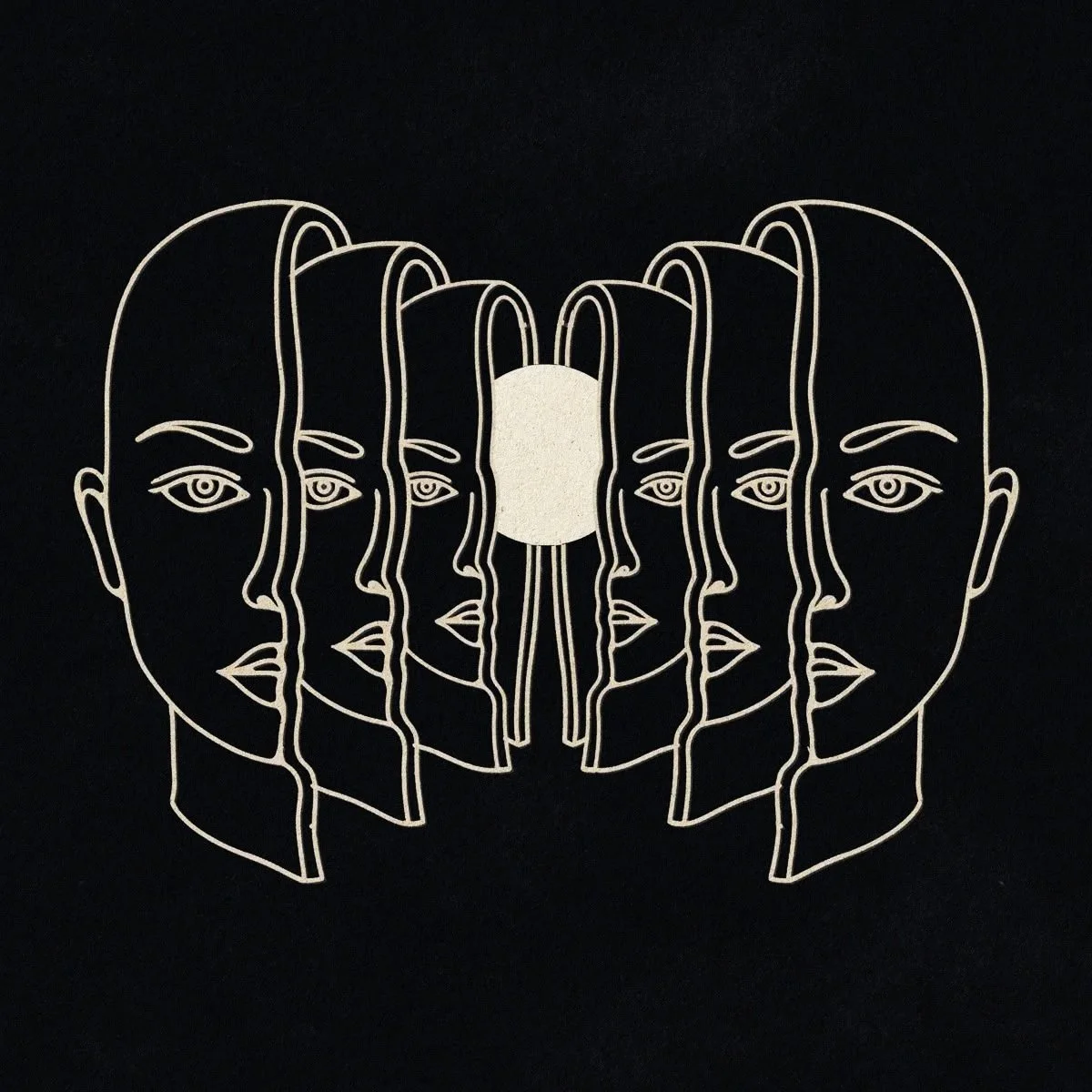 Line art drawing of seven human faces with three visible on each side and one in the middle, with a circle in the center creating a symmetrical pattern.