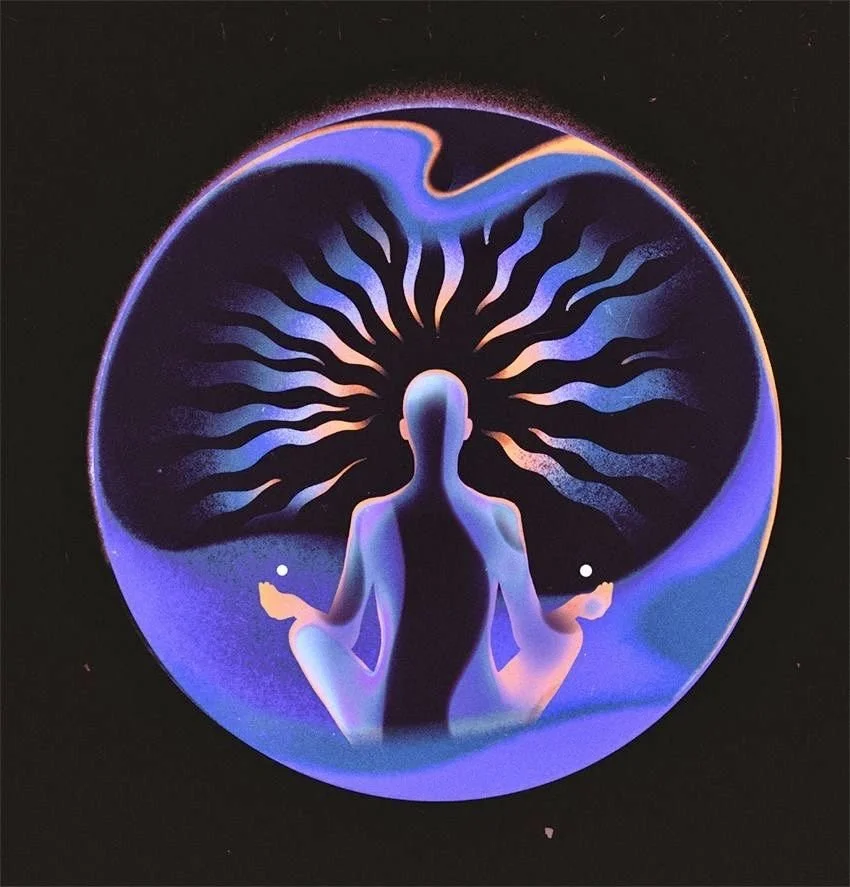 A glowing silhouette of a person sitting in a meditative pose with a tree-like pattern radiating from the head, all within a circular frame against a dark background.