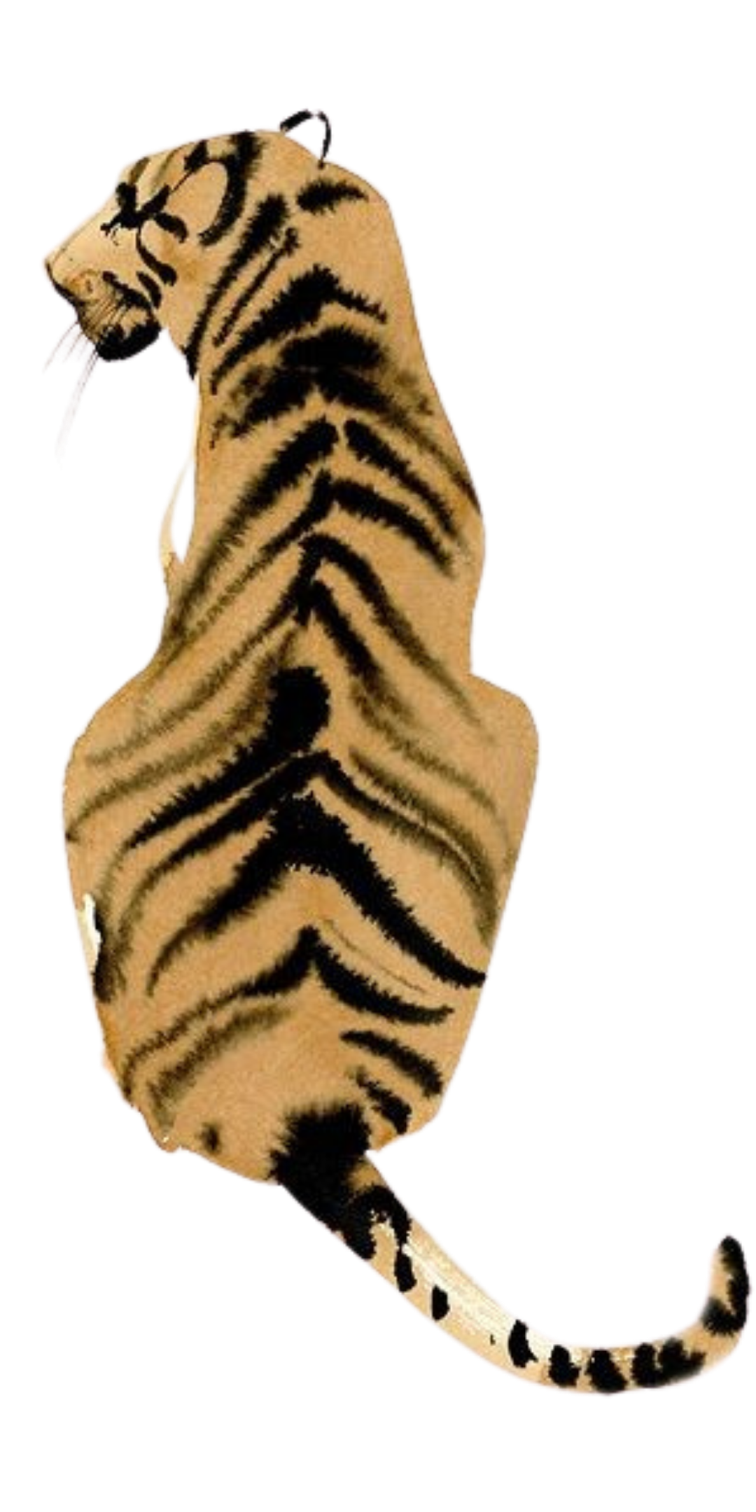 A tiger plush toy with a realistic tiger pattern, holding a white object in its mouth, with a background of digital colored lines.