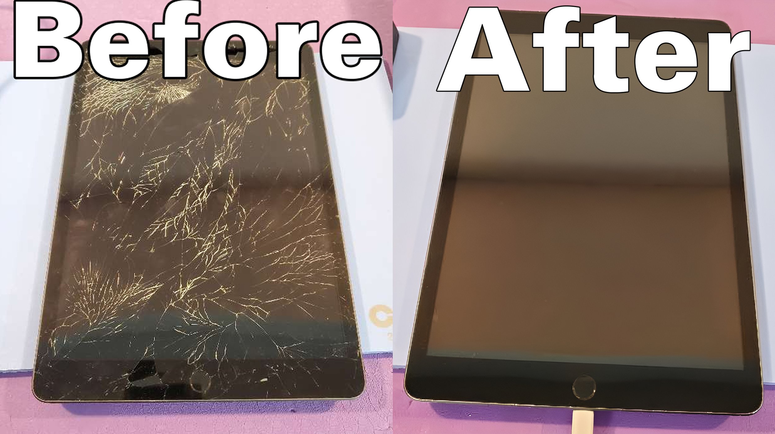 Comparison of a tablet with a shattered screen before and after repair. The left shows a tablet with a heavily cracked display, and the right shows the same tablet with a repaired, clear screen.