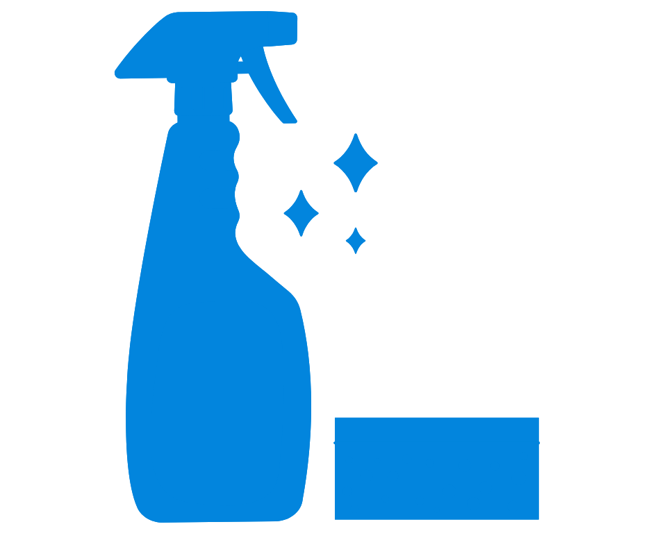 Blue silhouette of a spray bottle, a sponge, and sparkles indicating cleaning.