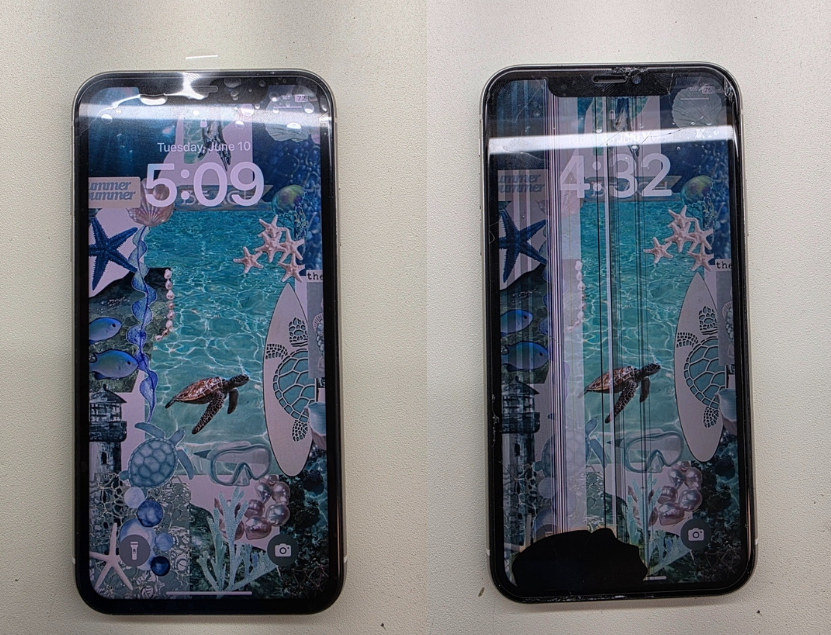 Two smartphones with cracked screens displaying ocean-themed wallpapers, placed side by side on a white surface.