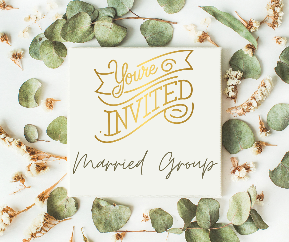 Wedding invitation card with gold text 'You're Invited' and 'Married Group' surrounded by eucalyptus leaves and dried flowers.