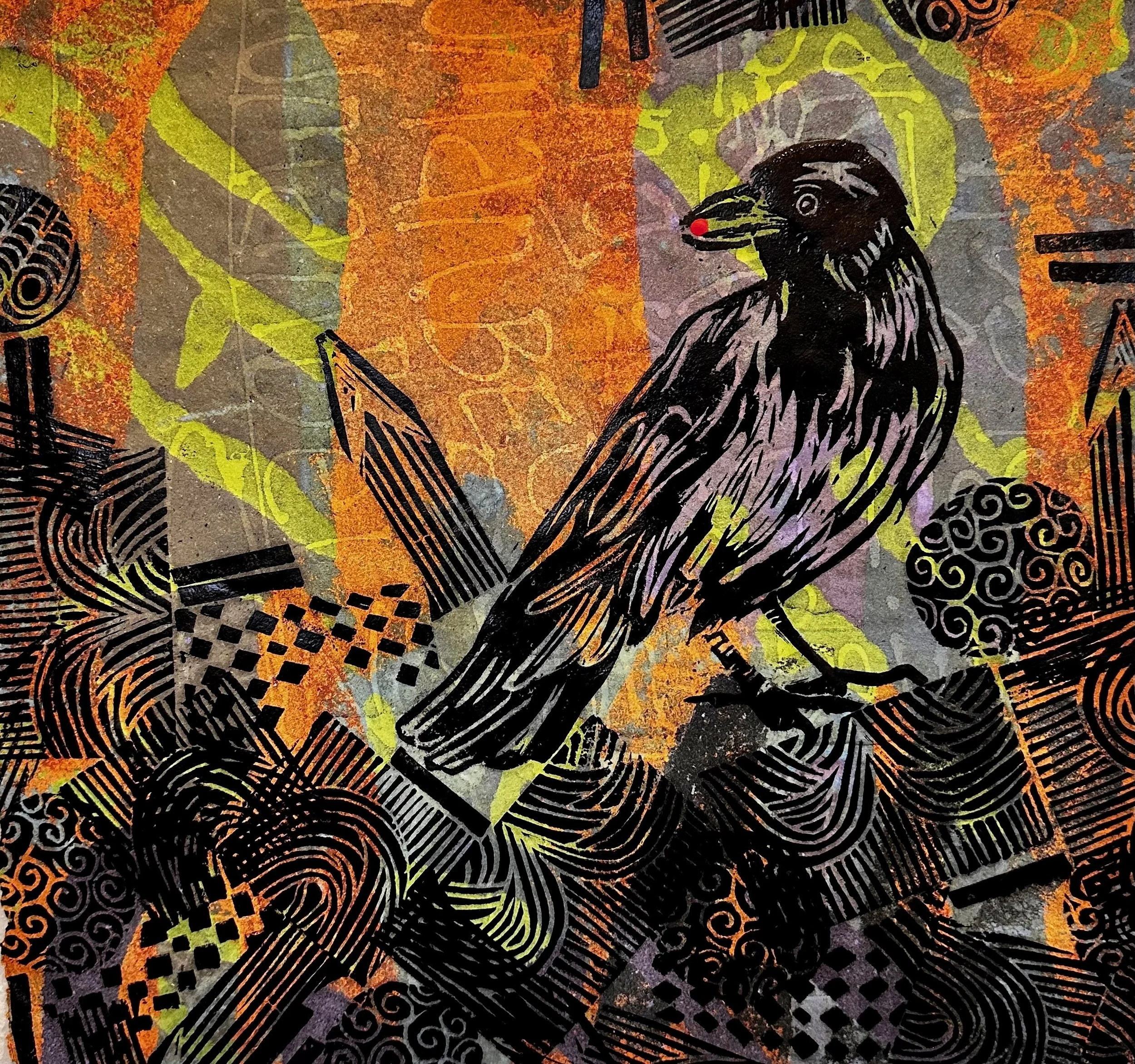 Lea Basile-Lazarus 
 The Complexity of Human Nature  
monoprint-Linocut mounted on wood 
16x16 
$550