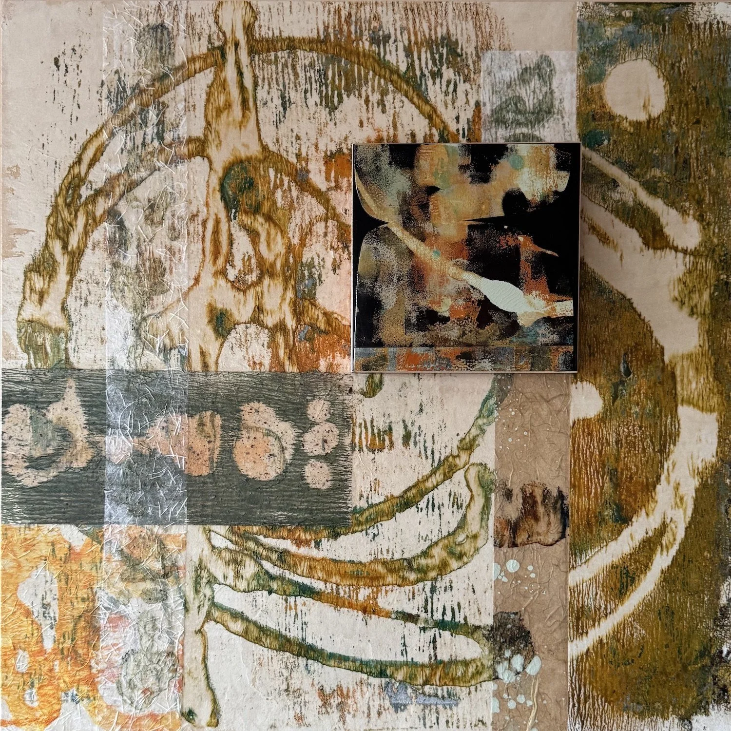 Reeve Washburn 
 Whorl  
20x20 
acrylic handprinted collage on cradled panel 
$1,000