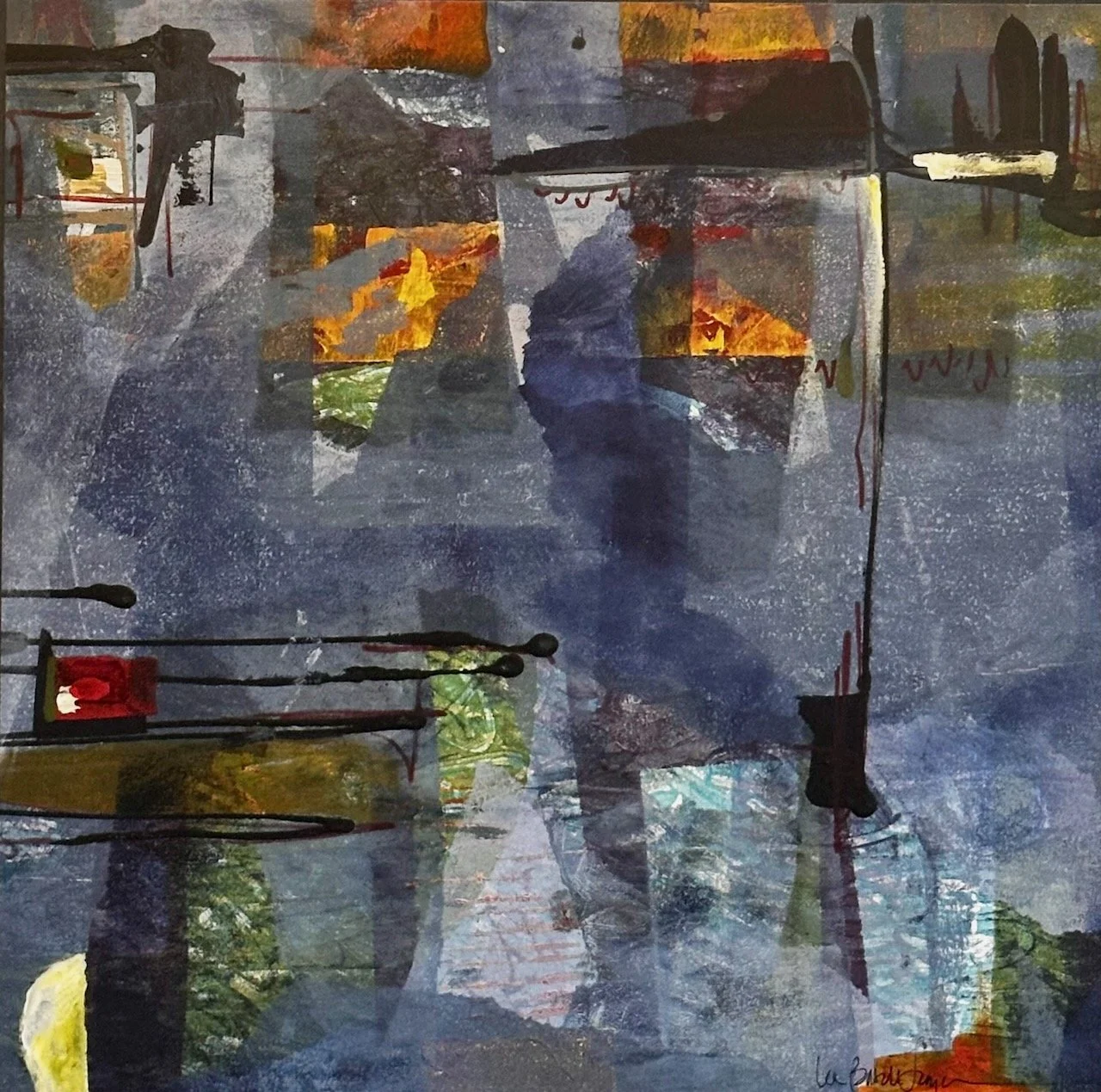 Lea Basile-Lazarus - "Day Breaks" 
16 x 16 monoprint mounted on wood 
$550