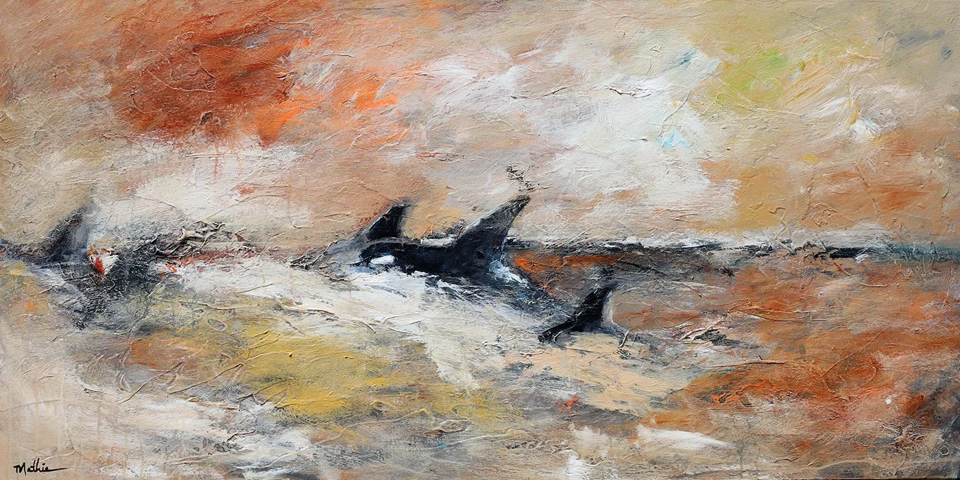 Christopher Mathie 
 Sunset Orcas  
20x40 
acrylic on canvas 
$2,300