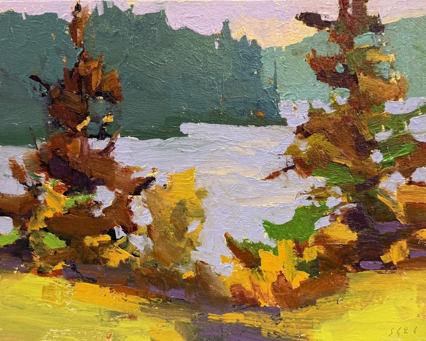 Scott Gellatly 
 Lakeside Trees  
8x10 
oil on panel 
$600