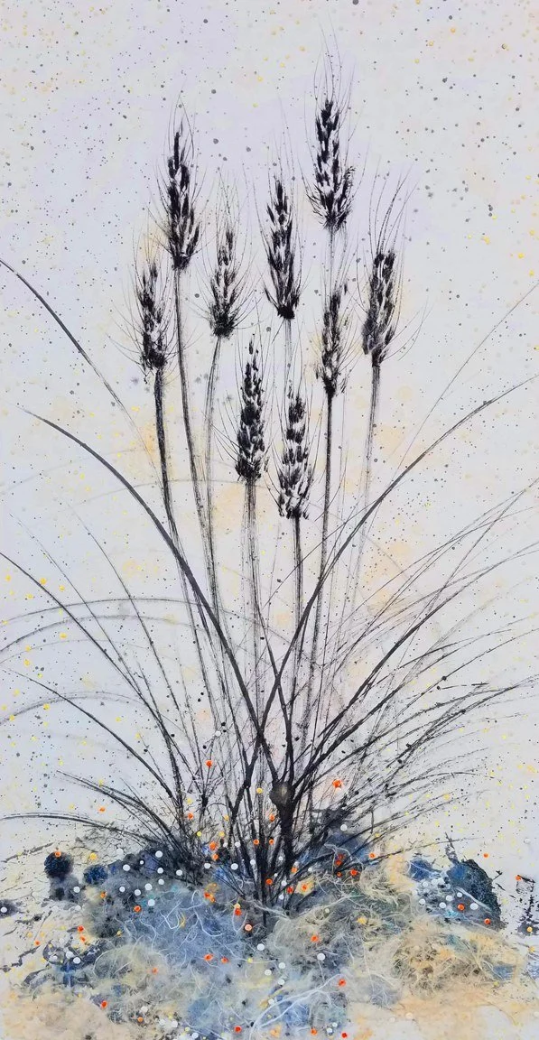 Karen Dedrickson 
 Rise and Thrive  
30x15 
India ink,watercolor,mixed media on rice paper on cradled panel 
$1,400