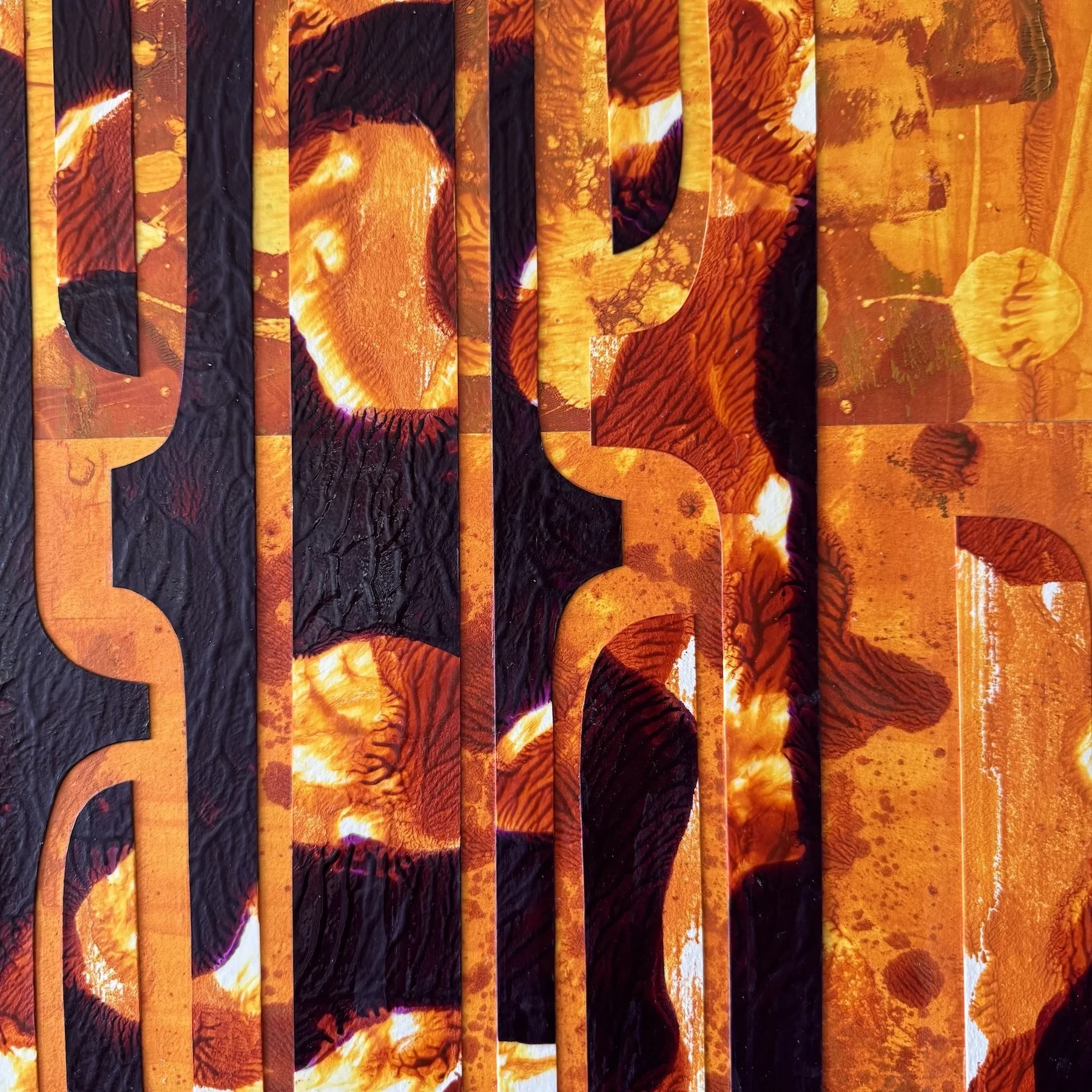 Reeve Washburn 
 Stanchions II  
12x12 
acrylic monotype collage on cradled panel 
$360