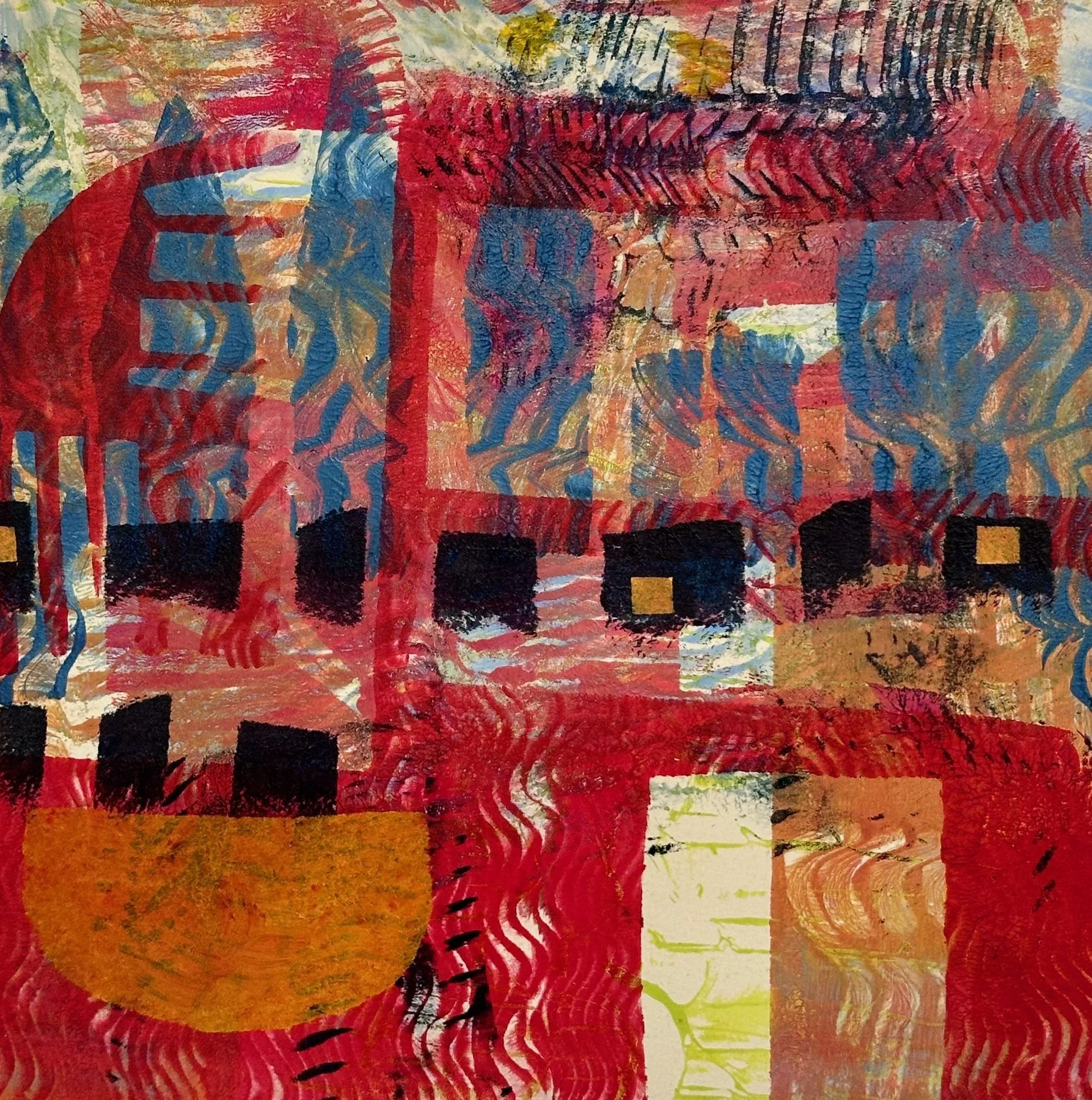 Lea Basile-Lazarus 
 The City is Heating Up  
10x10 
monoprint mounted on cradled board 
$300