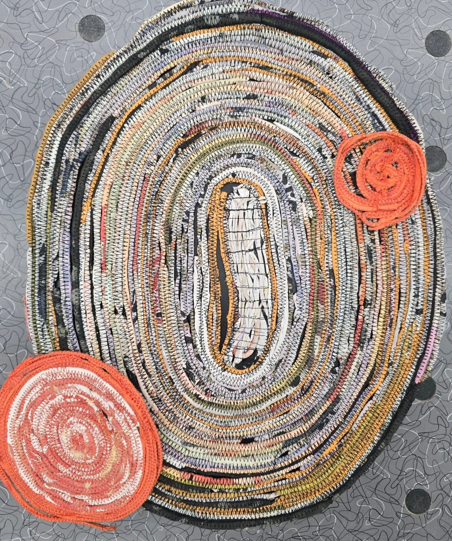 Zia Gipson 
 Round and Around  
20x18 
Rolled, felted Japanese paper, machine stitching 
$1,100