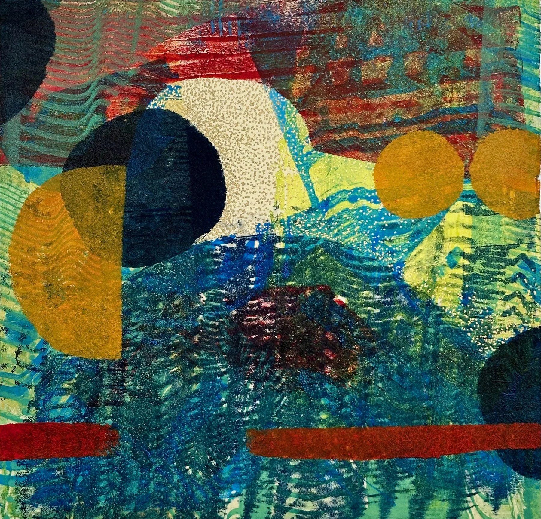 Lea Basile-Lazarus 
 Moving Right Along  
10x10 
monoprint mounted on cradled board 
$300