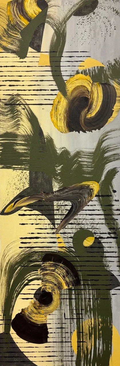 Lezlie Jane 
 Jaune Portal  
36x12 
acrylic and painted paper collage on cradled canvas 
$1,200