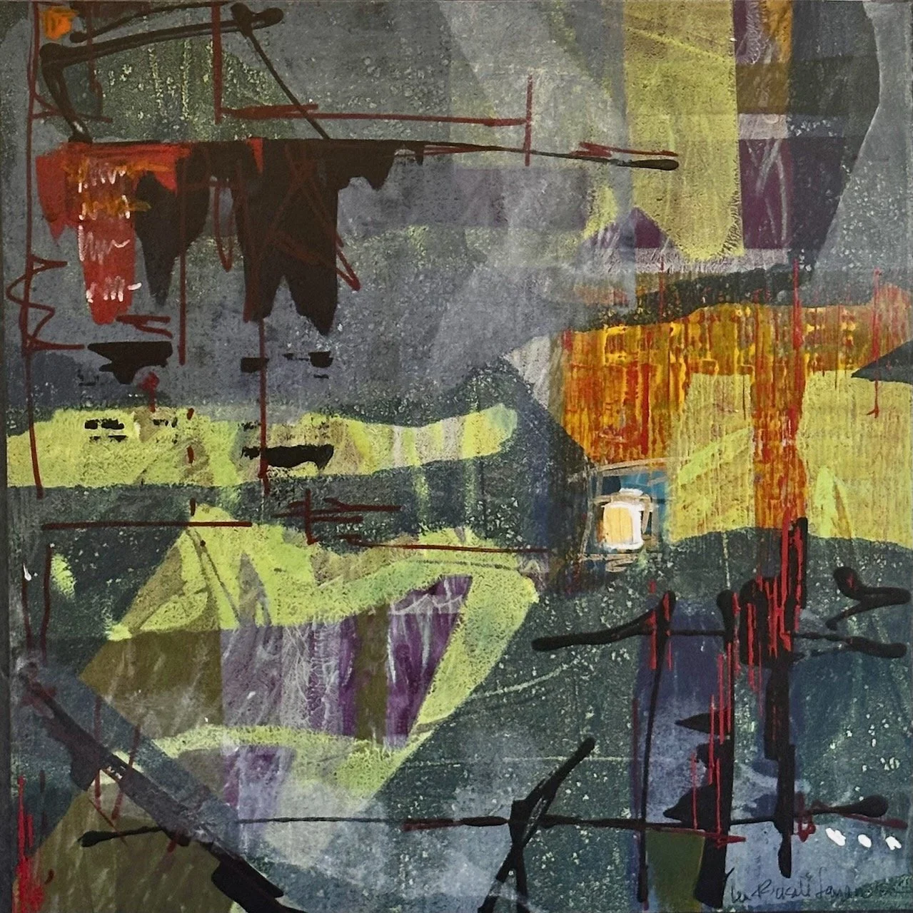 Lea Basile-Lazarus - "Turbulence" 
16 x 16 monoprint mounted on wood 
$550