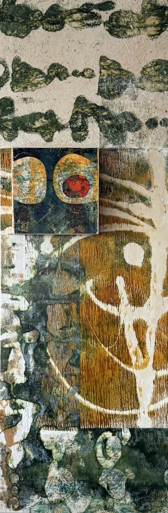 Reeve Washburn 
 Sheaf  
36x12 
acrylic handprinted collage on cradled panel 
$1,080