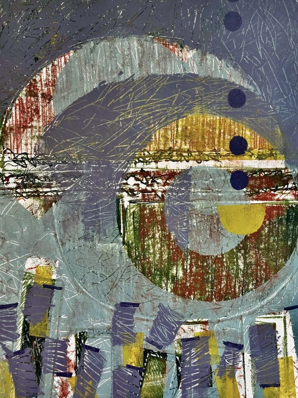 Lea Basile-Lazarus - "What's All the Fuss?" 
24 x 30 monoprint mounted on wood 
$1,700