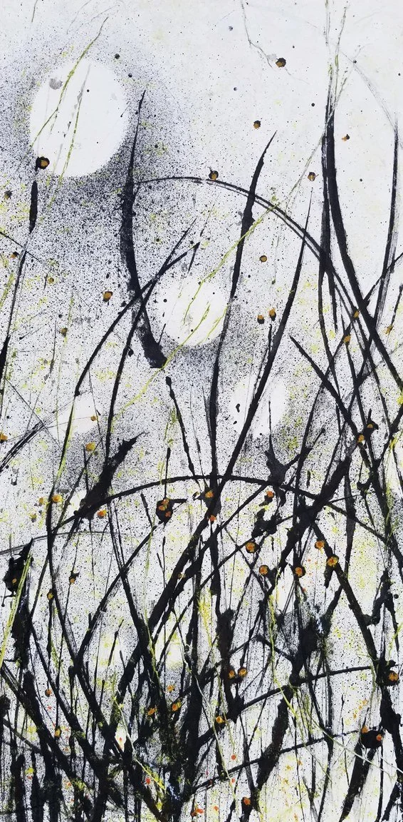 Karen Dedrickson 
 Rest and Release  
India ink,watercolor,mixed media on rice paper on cradled panel 
30x15 
$950