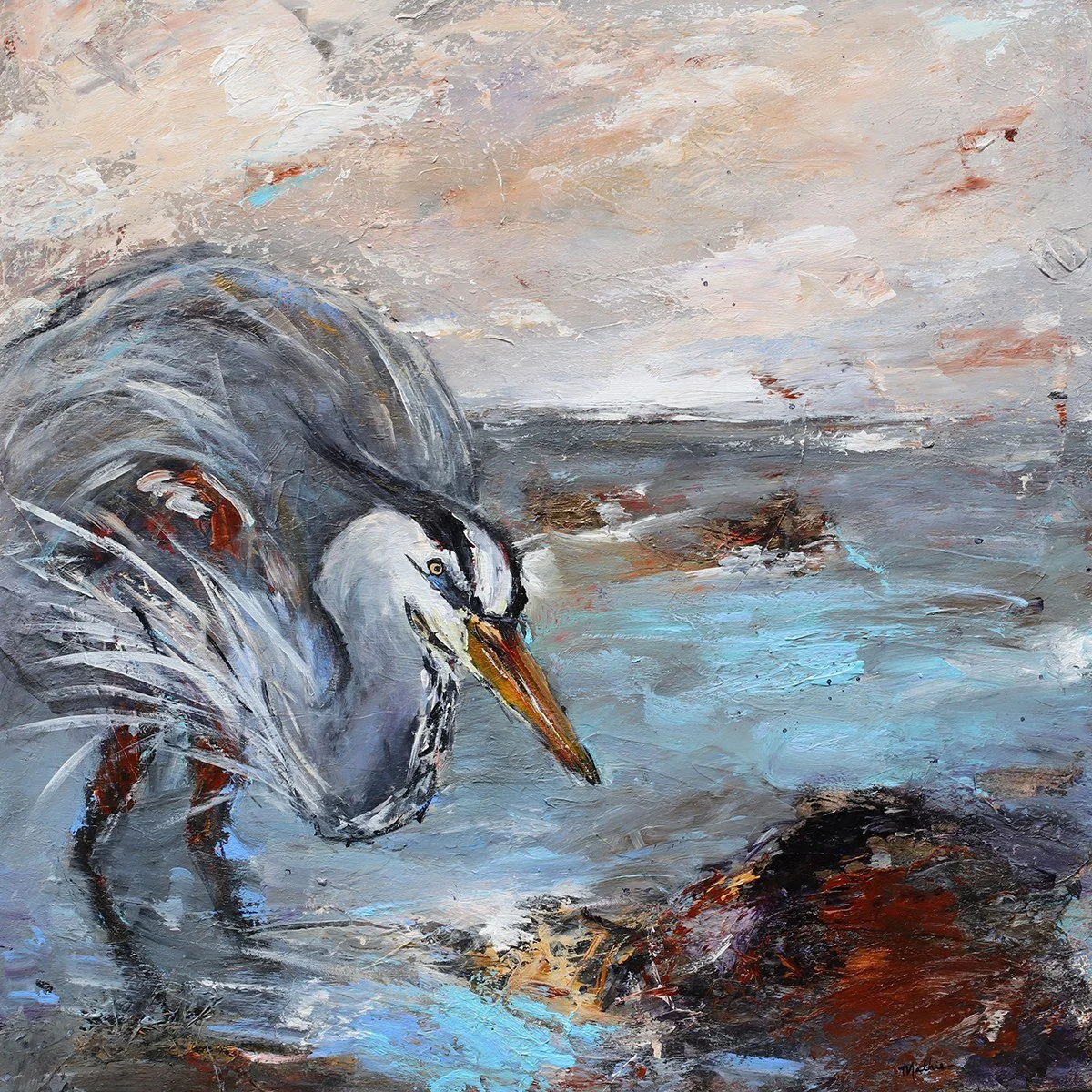 Christopher Mathie 
 Healthy Water Happy Herons  
30x30 
acrylic on canvas 
$2,400
