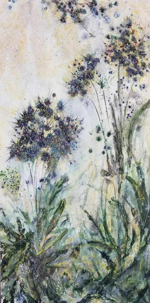 Karen Dedrickson 
 Renewal  
30x15 
India ink,watercolor,mixed media on rice paper on cradled panel 
$1,400