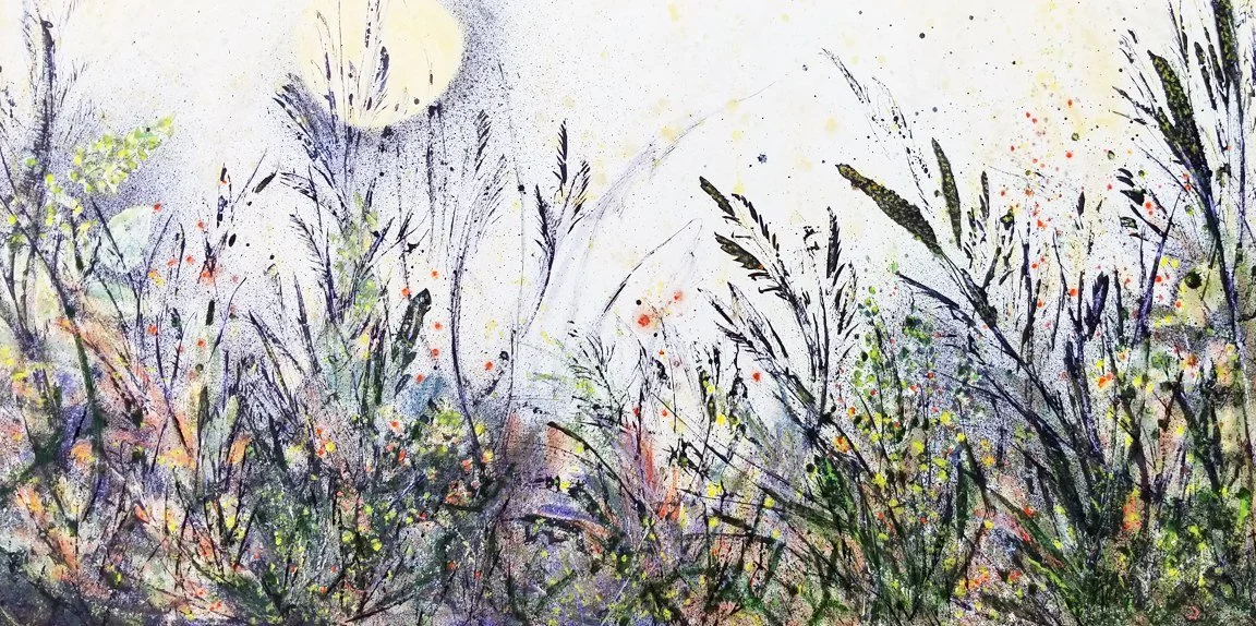 Karen Dedrickson 
 Bountiful  
24x48 
India ink,watercolor,mixed media on rice paper on cradled panel 
$2,400