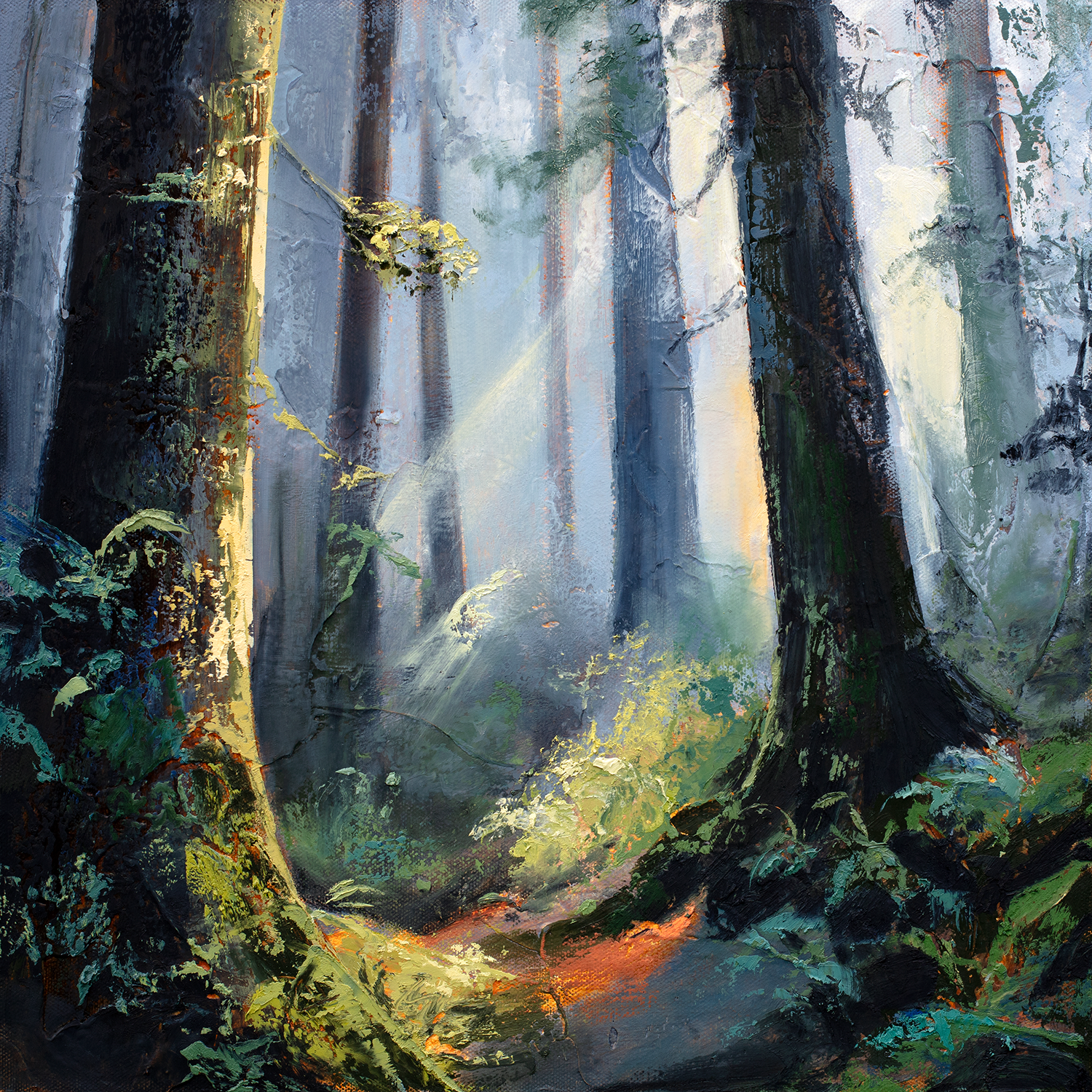 Chuck Gumpert -  Forest Walk 1  
oil &amp; mixed media 16x16 
$1,500
