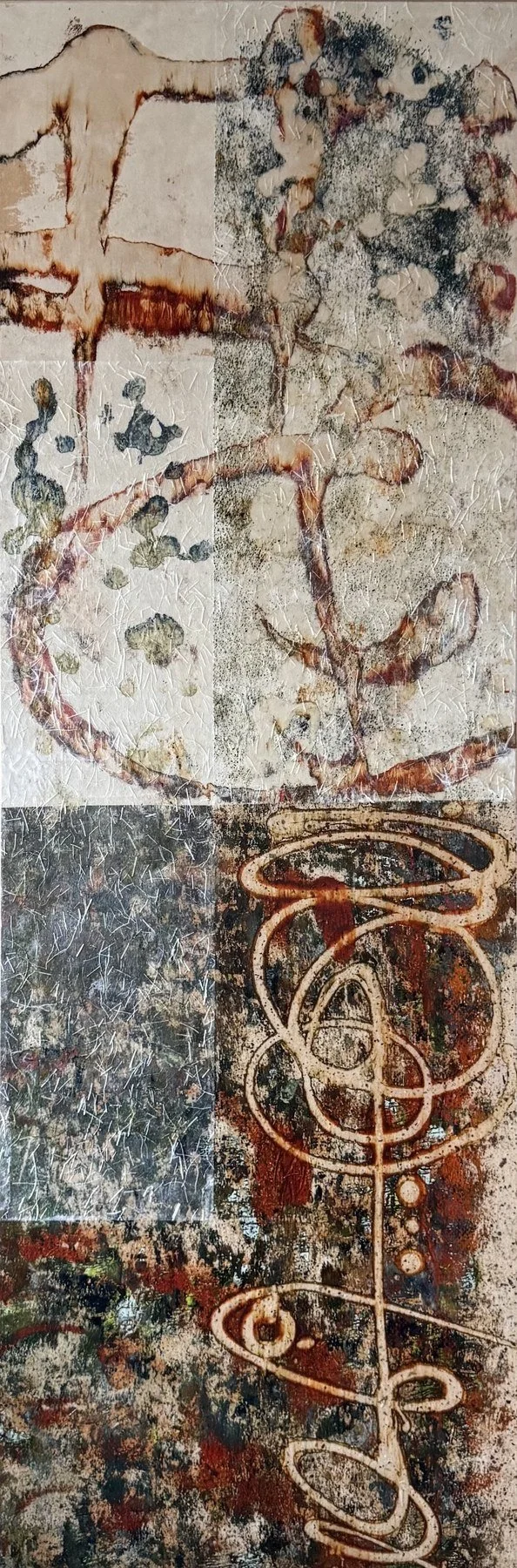 Reeve Washburn 
 Spectral  
36x12 
acrylic handprinted collage on cradled panel 
$1,080