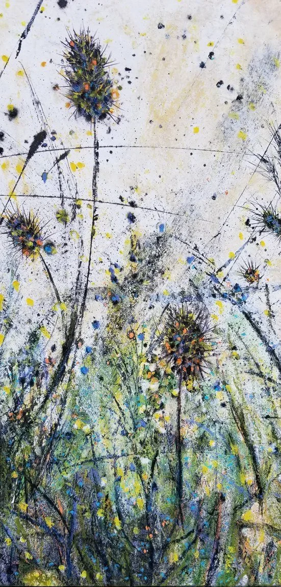 Karen Dedrickson 
 Abundance  
24x12 
India ink,watercolor,mixed media on rice paper on cradled panel 
$975