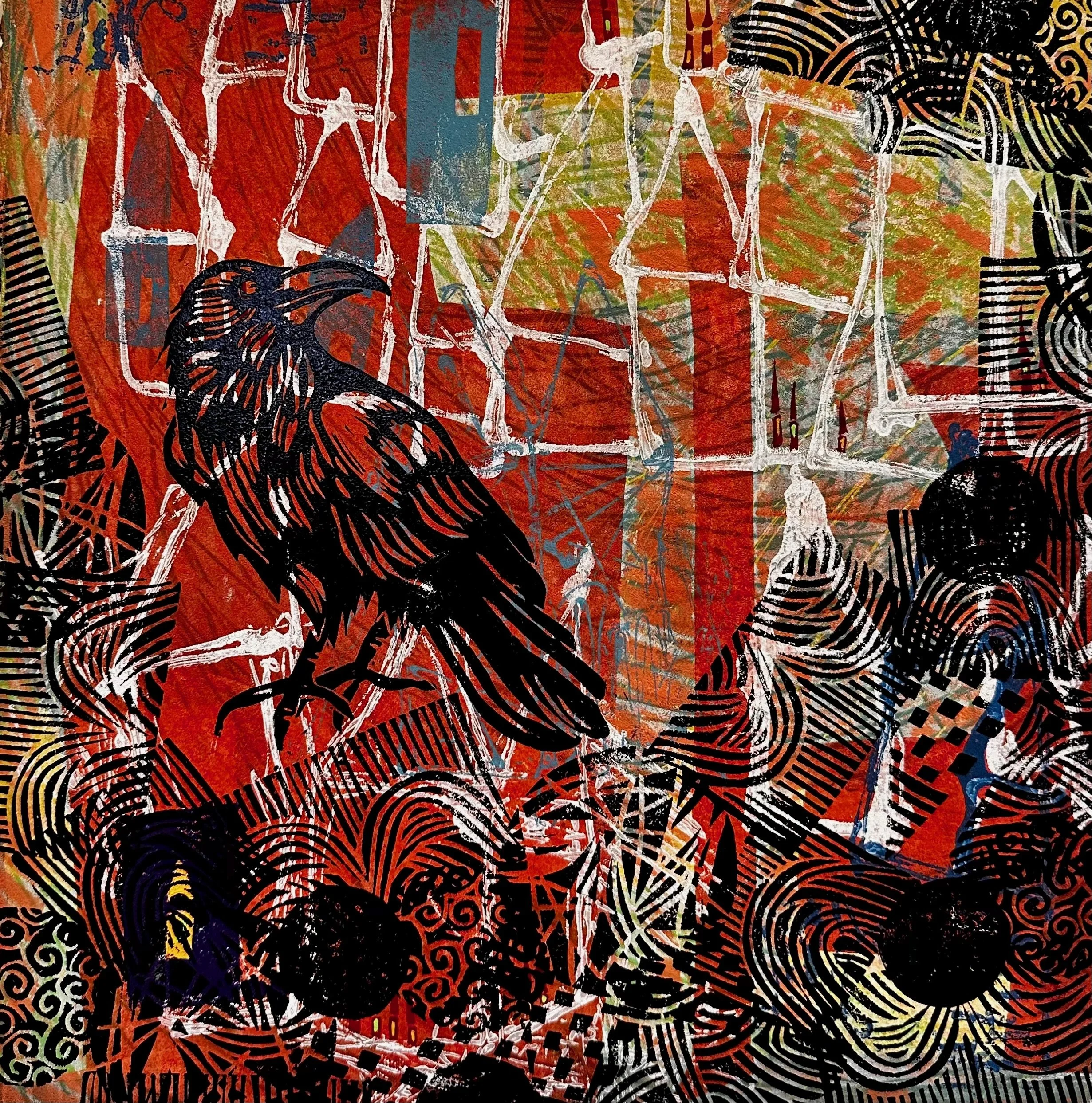 Lea Basile-Lazarus 
 Protecting the Neighborhood  
monoprint-Linocut mounted on wood 
16x16 
$550