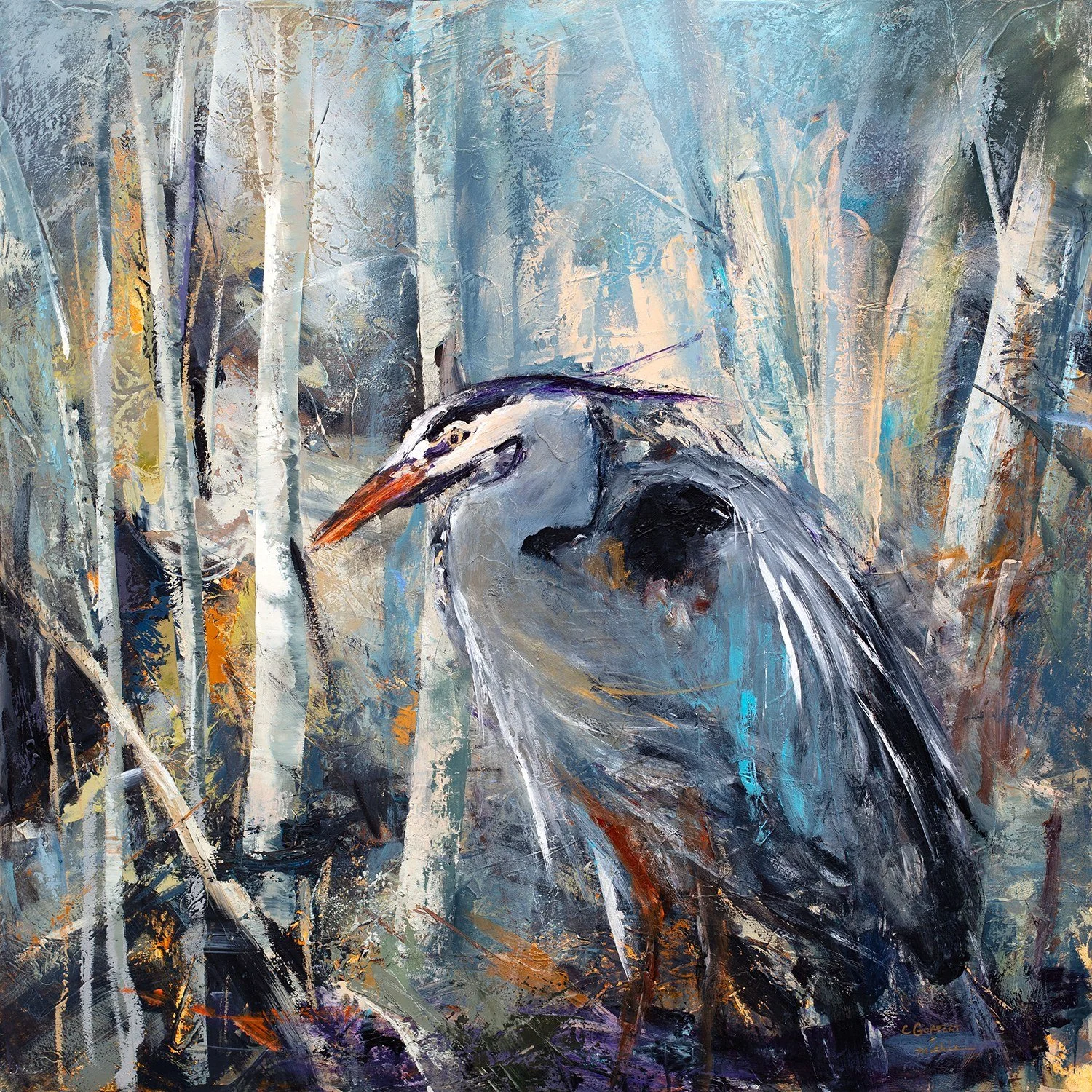 Christopher Mathie / Chuck Gumpert Collaboration 
 Woodland Heron  
40x40 
oil & acrylic 
$3,900