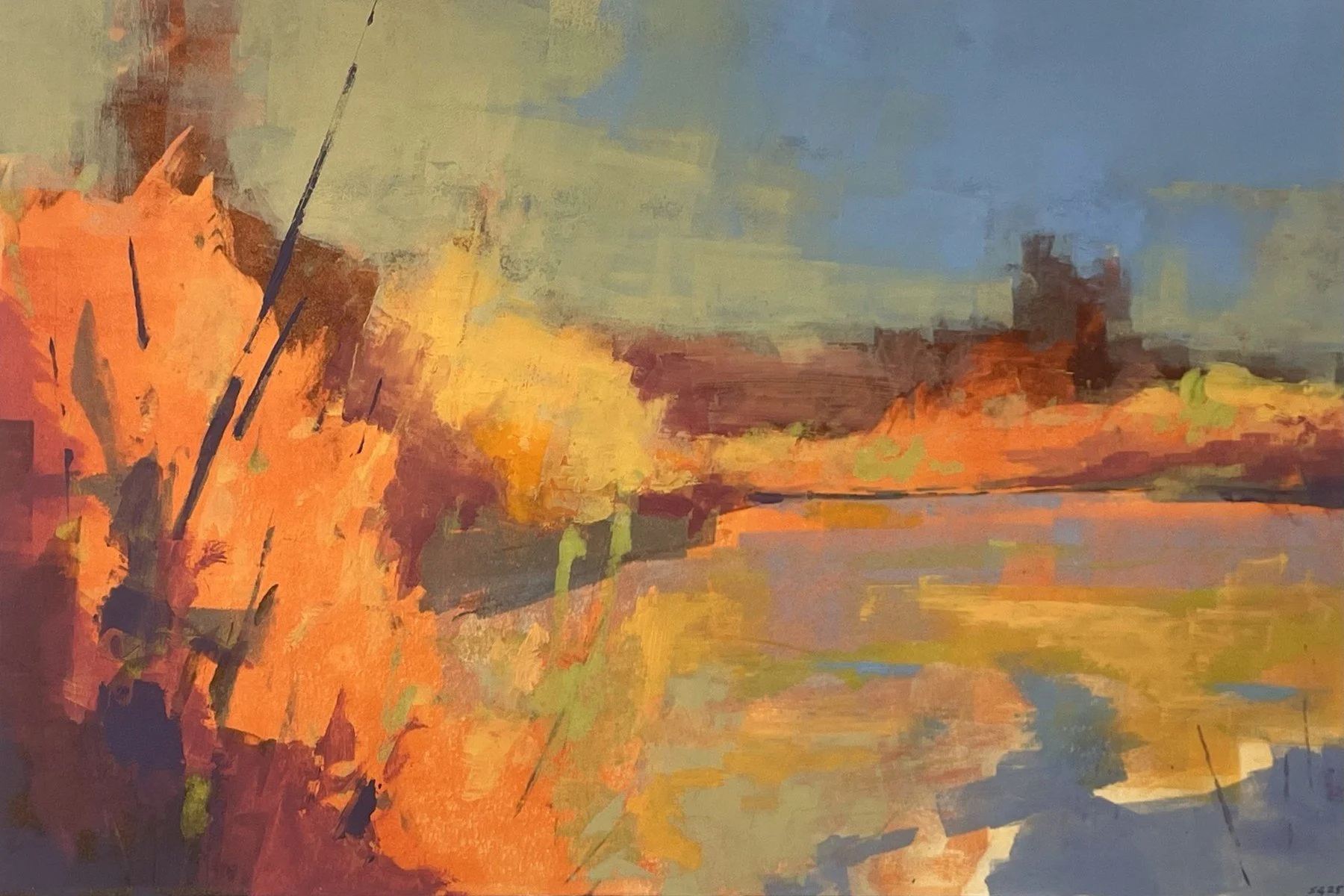 Scott Gellatly 
 Wetland in Orange  
12x18 
oil, cold wax, monotype on paper (loose, not framed) 
$550