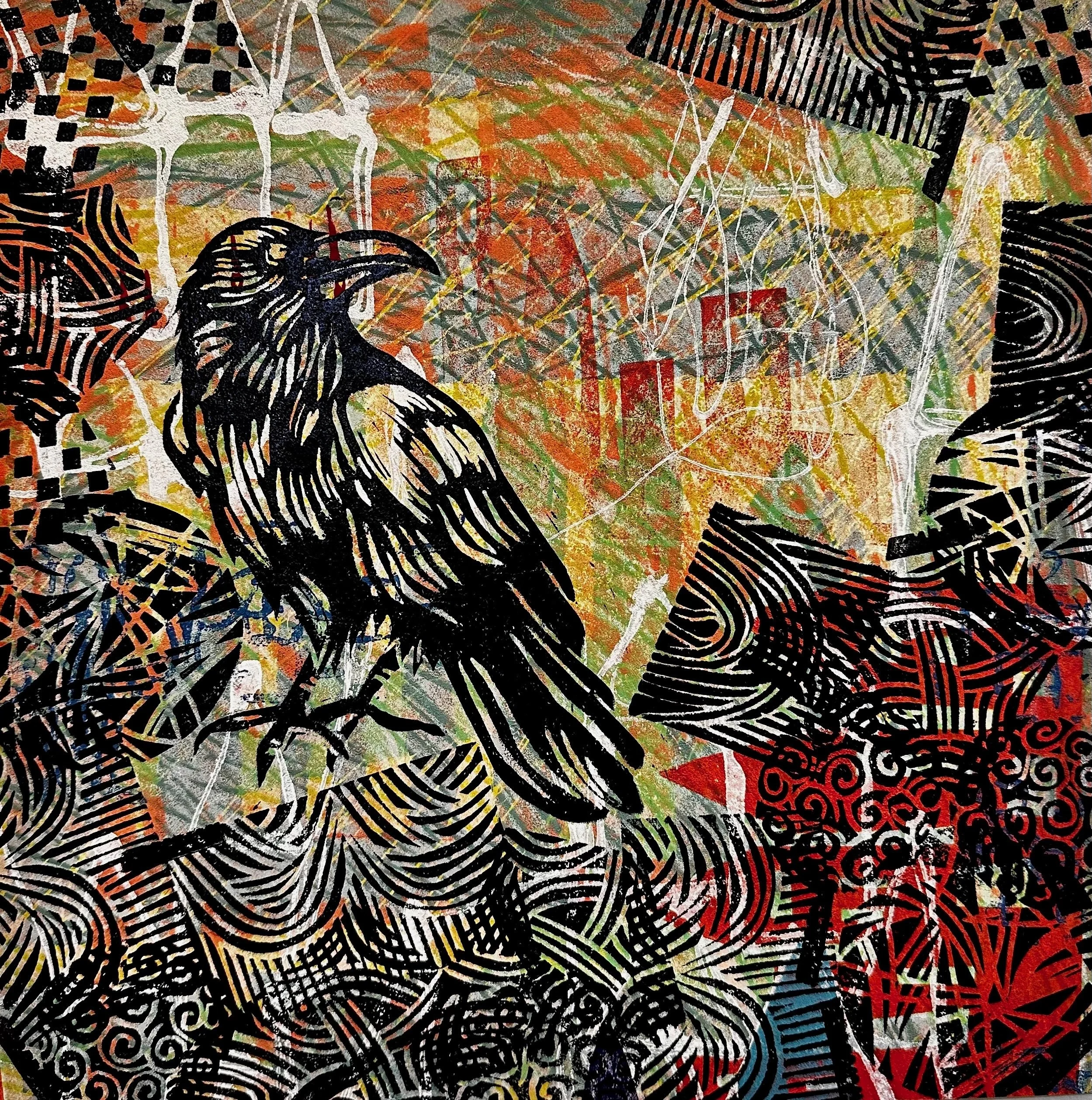 Lea Basile-Lazarus 
 Searching For A Snack  
monoprint-Linocut mounted on wood 
16x16 
$550